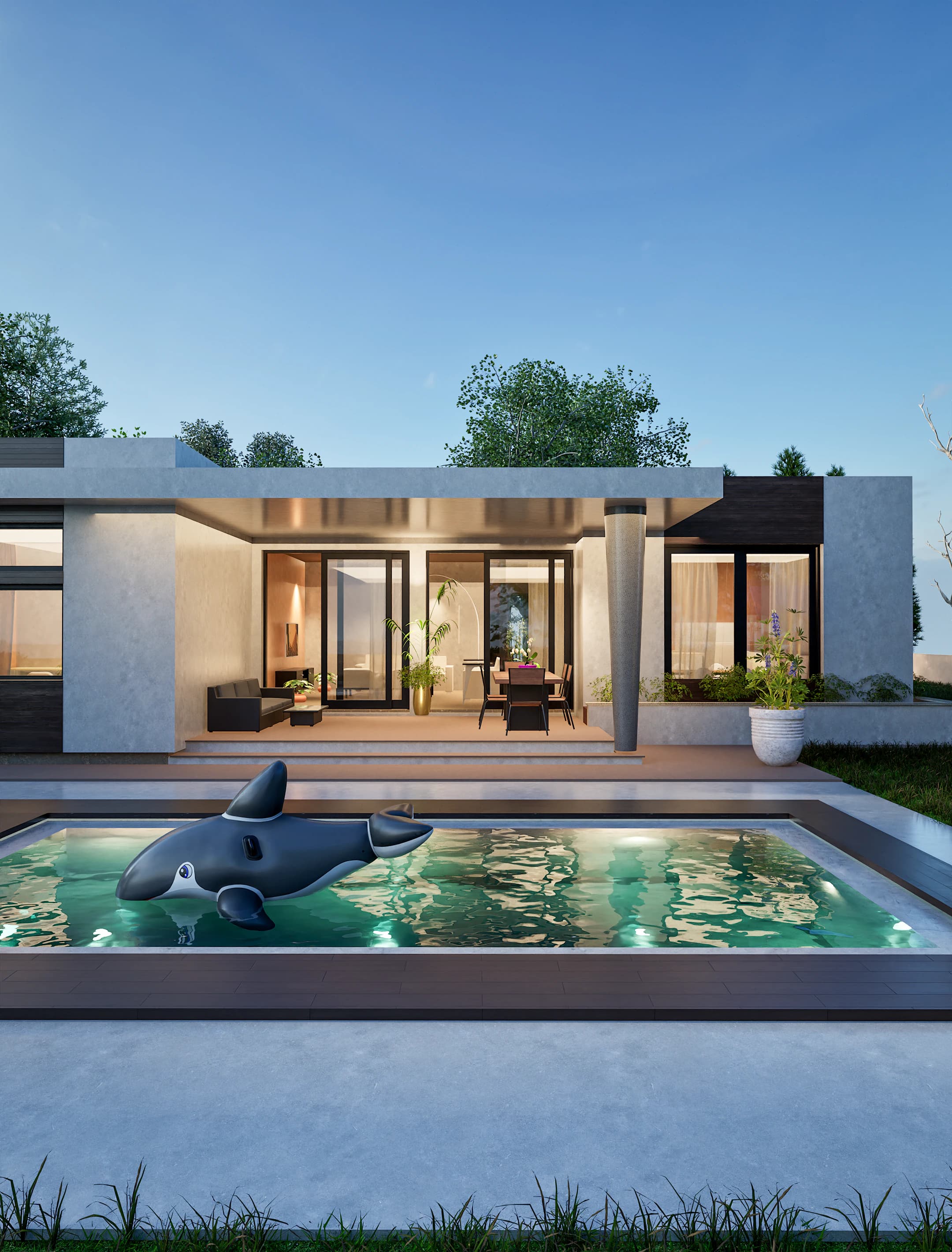 Solana rendering: single-story modern house exterior with integrated garage