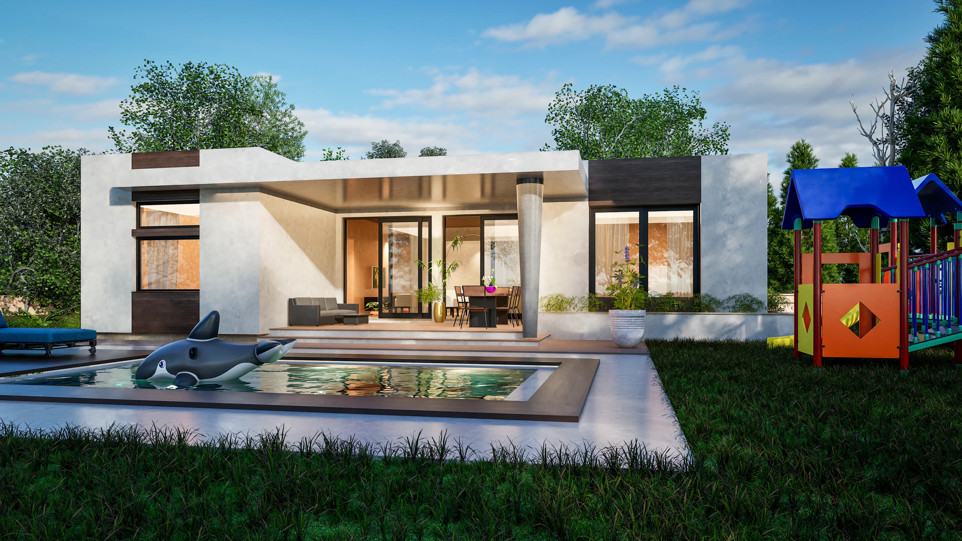 Solana rendering: back of the single-story house from the garden — covered terrace with sliding glass doors to the living and dining rooms, a pool and a children's play tower