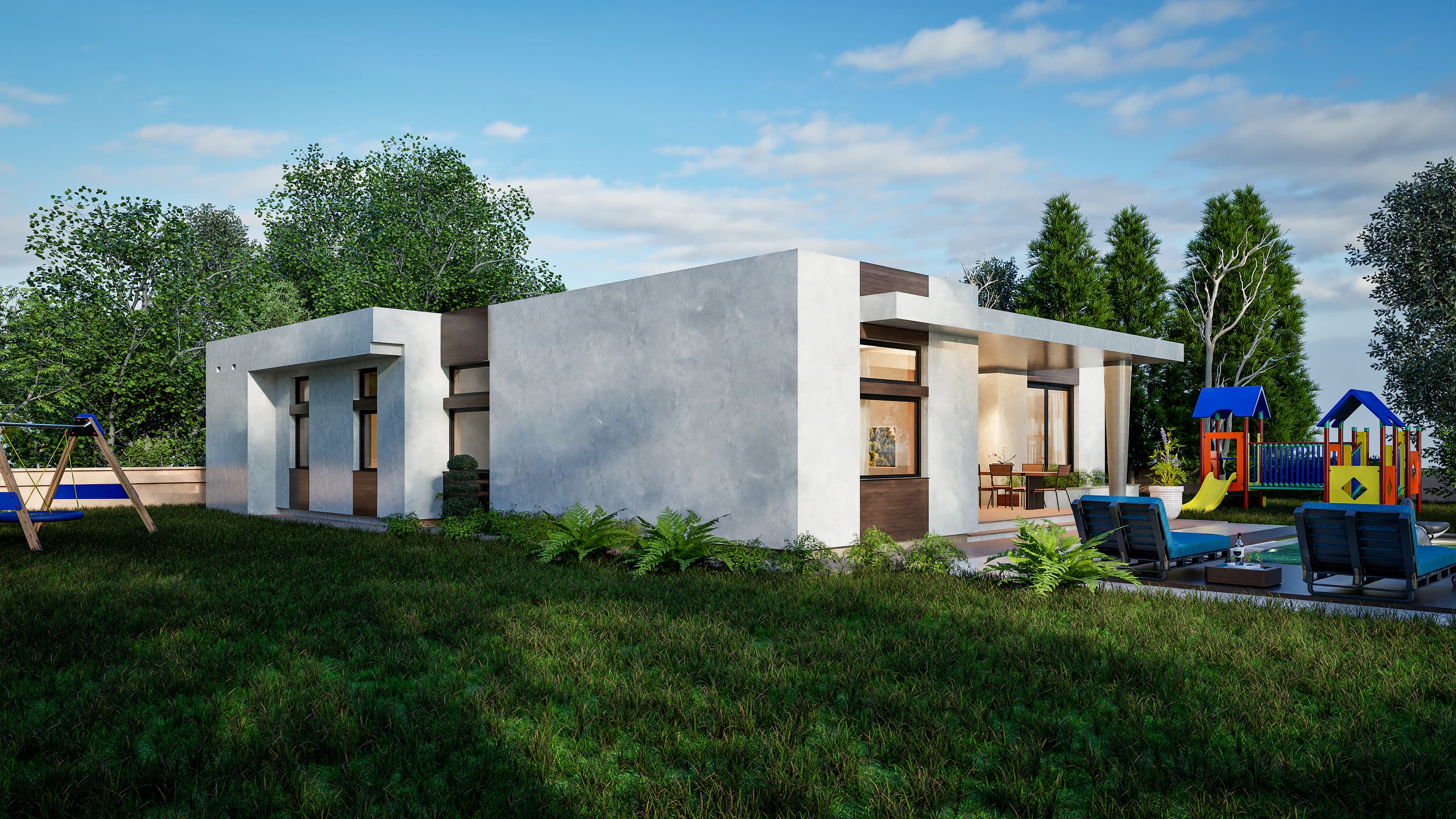 Solana rendering: corner view from the garden — white render walls with timber-tone accents, a covered dining terrace, pool loungers and a play tower