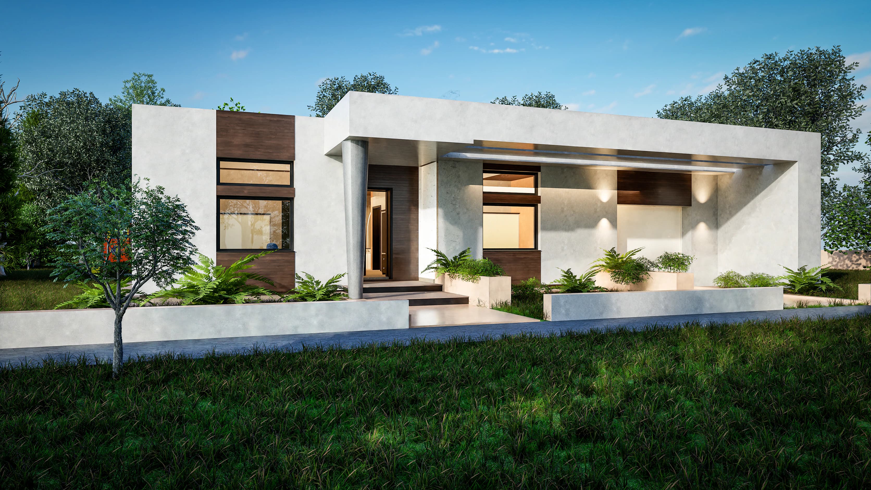 Solana rendering: street front — flat roof, a tapered column at the entrance, timber-tone panels and wall lights under the deep canopy