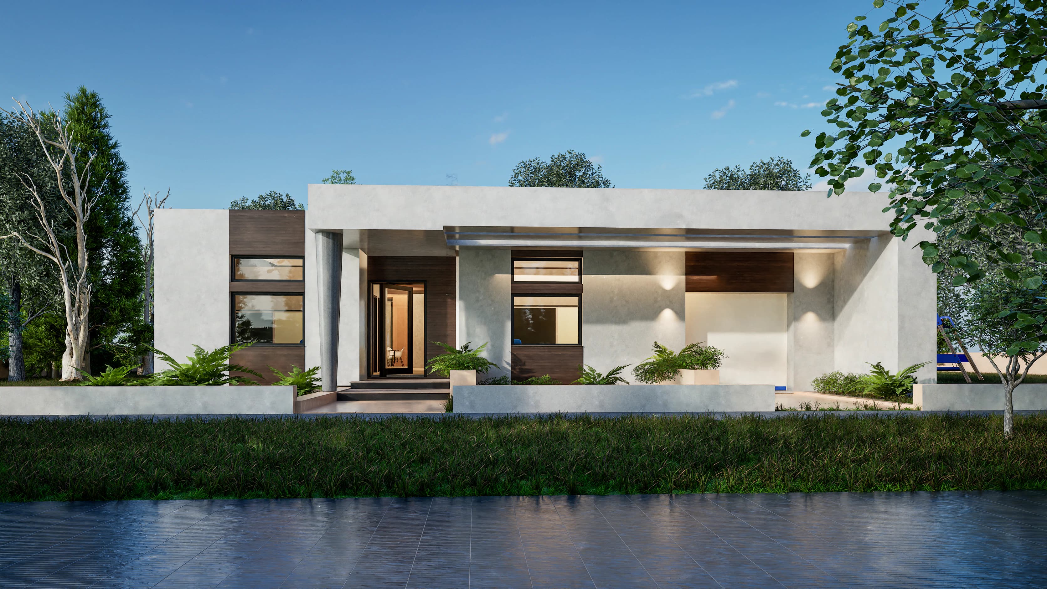 Solana rendering: street front seen head-on — entrance with a tapered column, timber-tone cladding, low planters and the deep flat-roof canopy