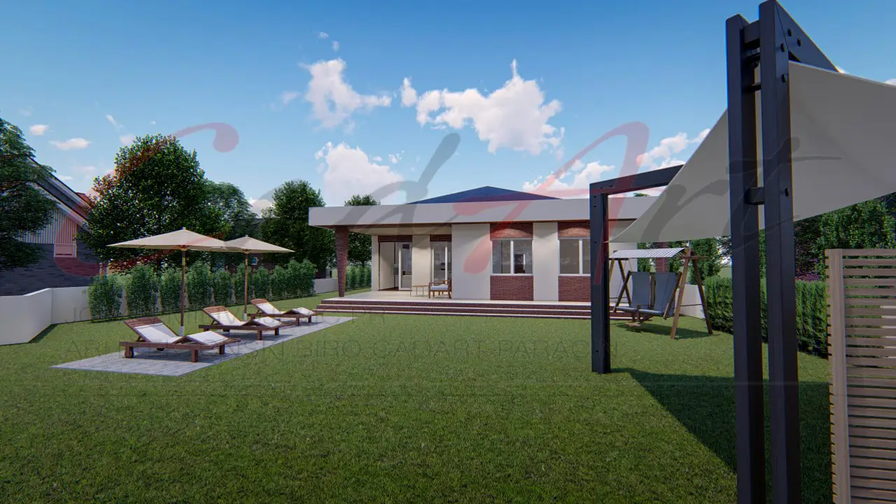 Strata rendering: entrance canopy and integrated garage of the Strata house; CAD ART studio letterhead as a faint watermark across the image.