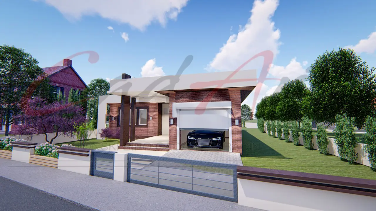 Strata rendering: red-brown brick and white render on the facade of the Strata house; CAD ART studio letterhead as a faint watermark across the image.