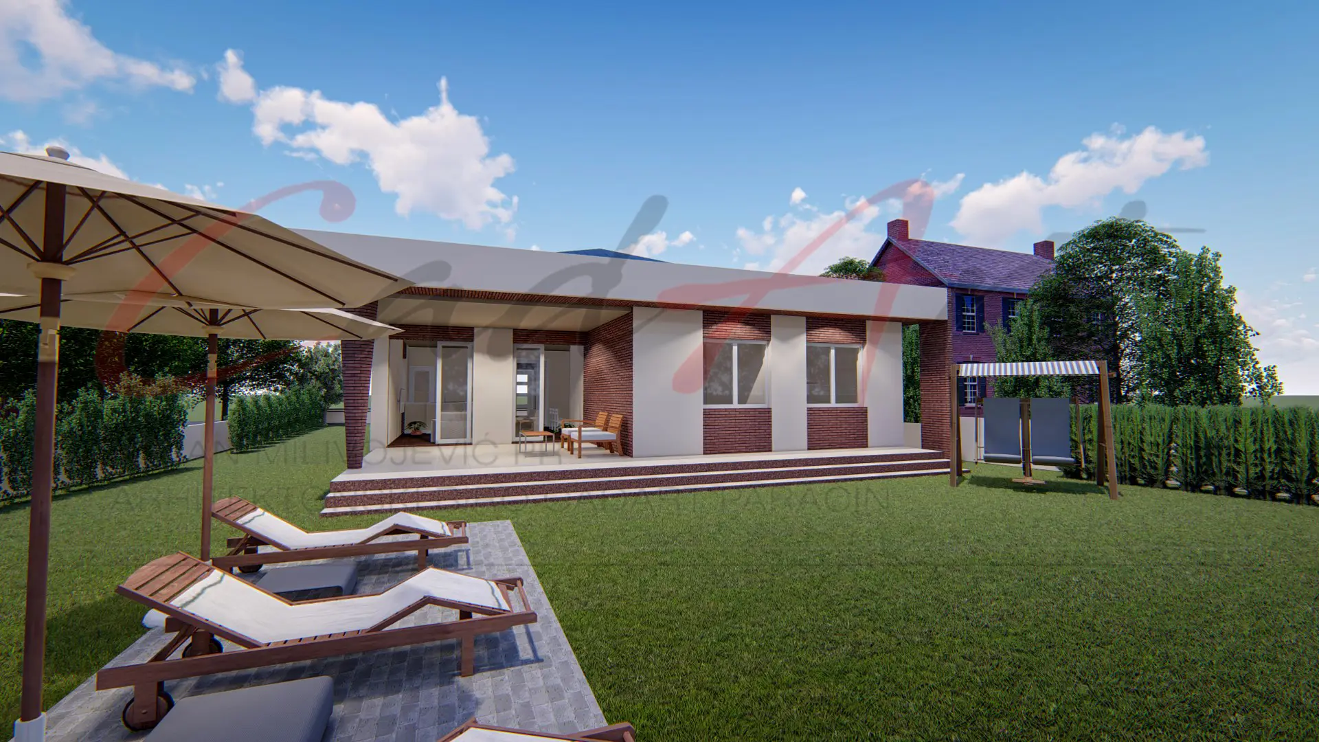 Strata rendering: side view of the Strata flat-roof house; CAD ART studio letterhead as a faint watermark across the image.