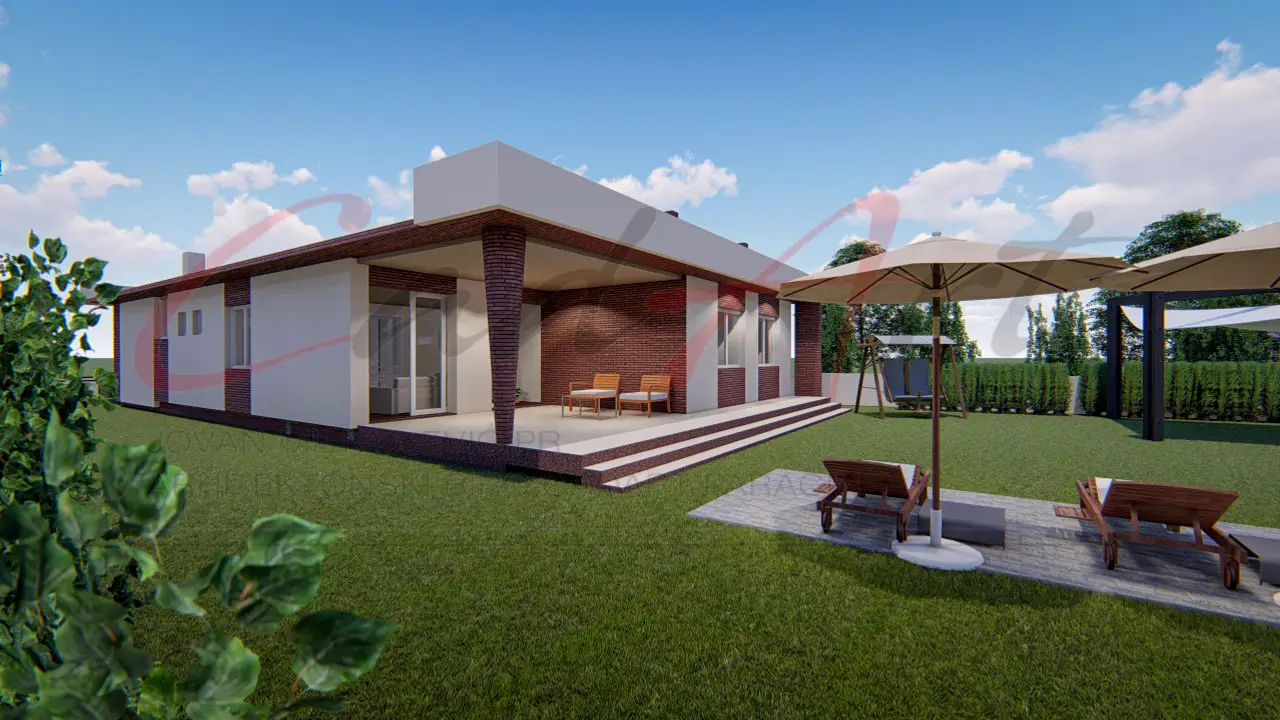 Strata rendering: covered terrace of the Strata house with large sliding glass doors to the living room; CAD ART studio letterhead as a faint watermark across the image.