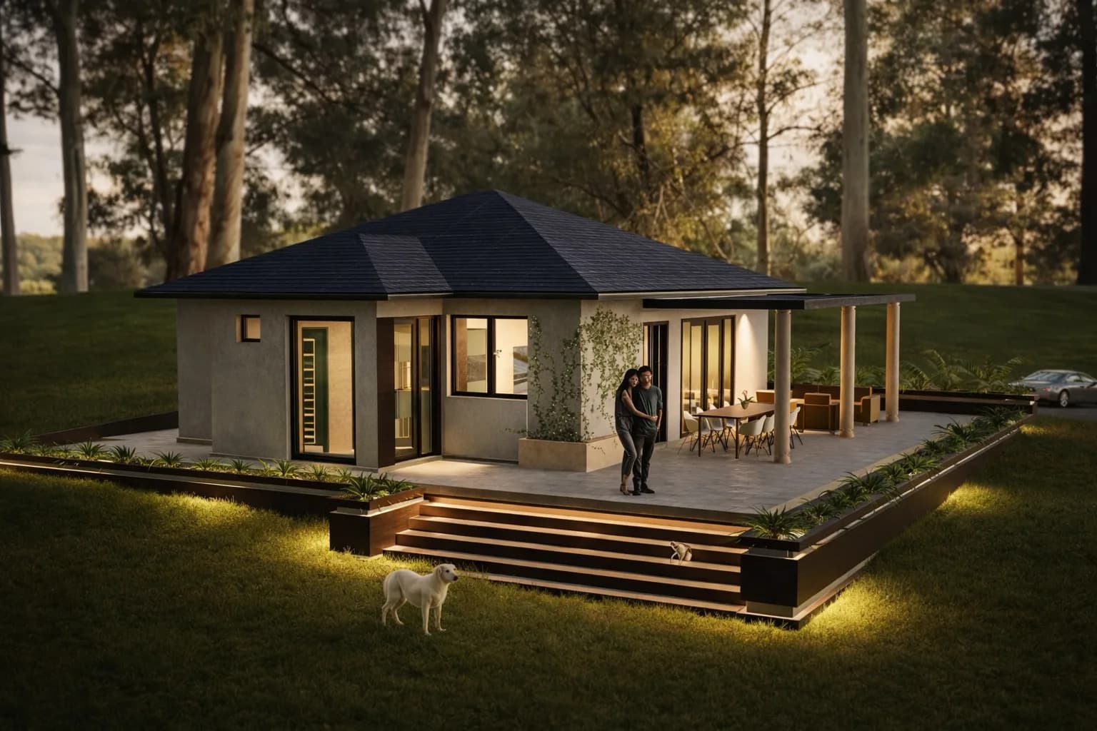 Sylvan rendering: the house at dusk, with warm interior light and softly lit steps up to the covered terrace