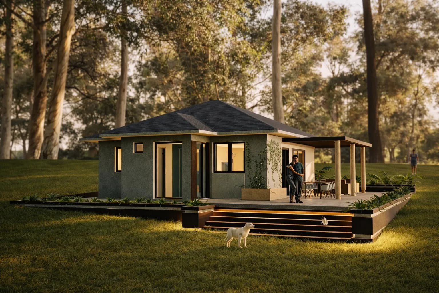 Sylvan rendering: garden-side facade in soft morning light, with large glazed doors opening to the lawn