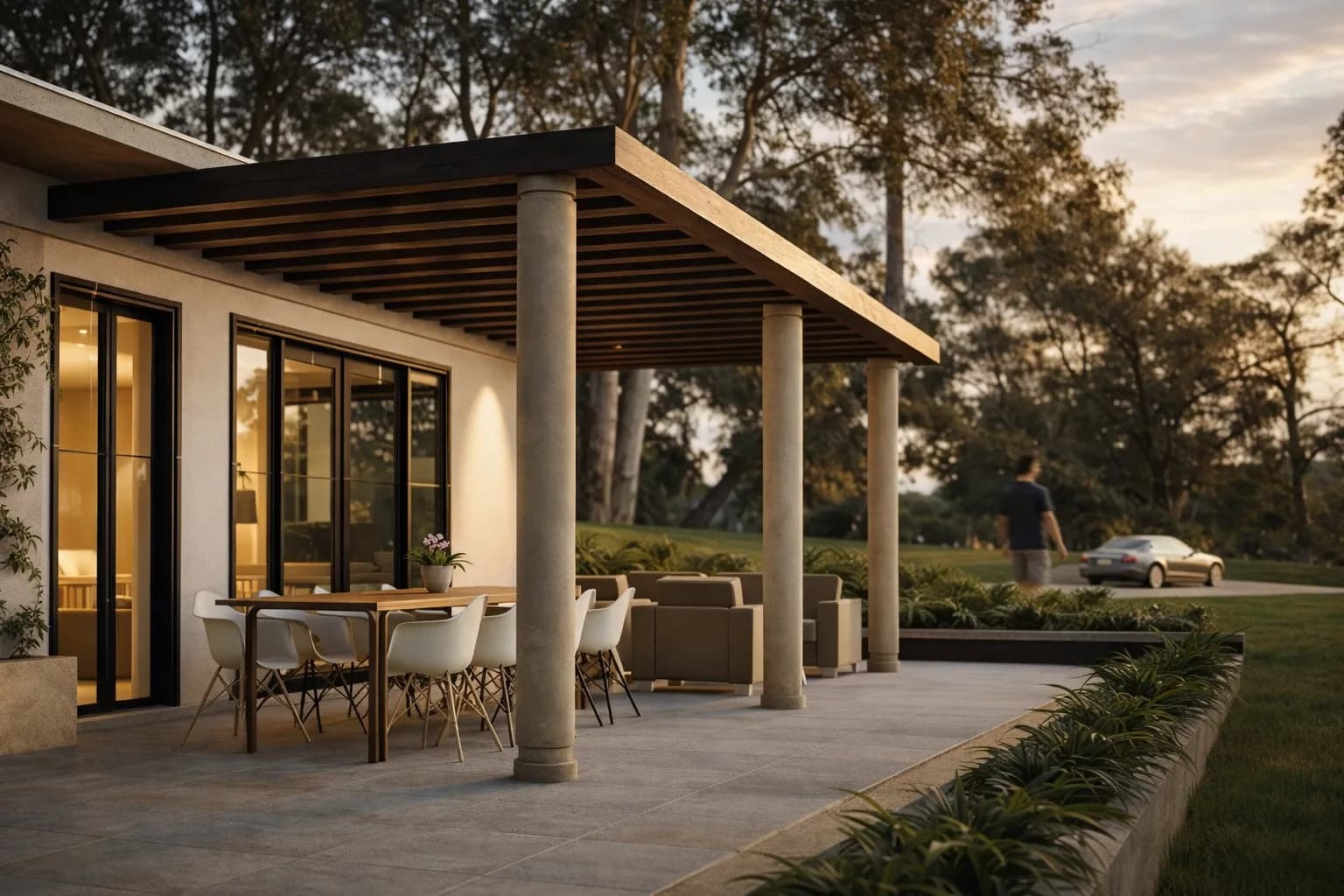 Sylvan rendering: covered terrace framed by concrete columns and a timber pergola, with outdoor seating