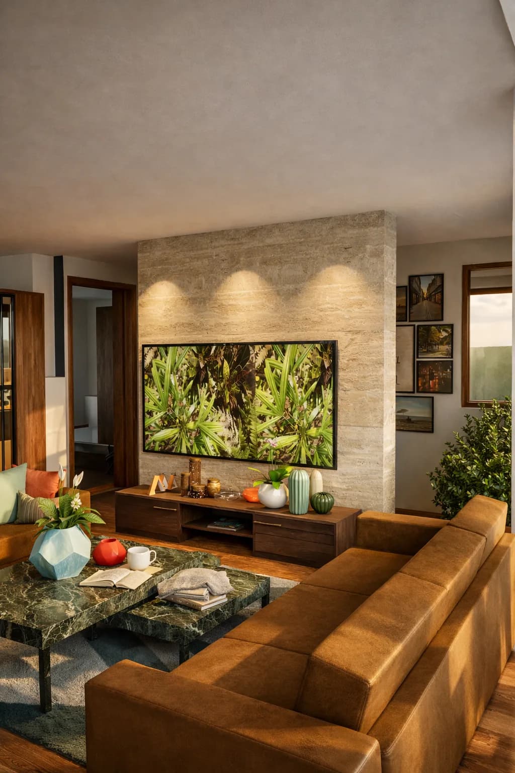 Sylvan rendering: living room with a travertine feature wall, recessed media niche and leather sofa