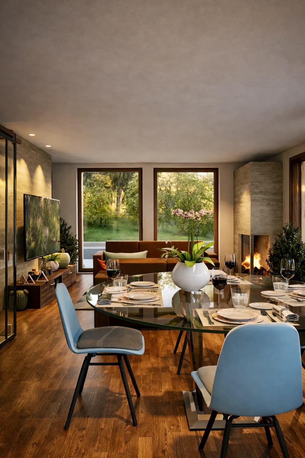 Sylvan rendering: dining area beside a wood-burning fireplace, looking out to the garden