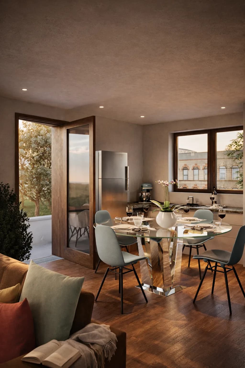Sylvan rendering: kitchen and round dining table with a glazed door out to the terrace