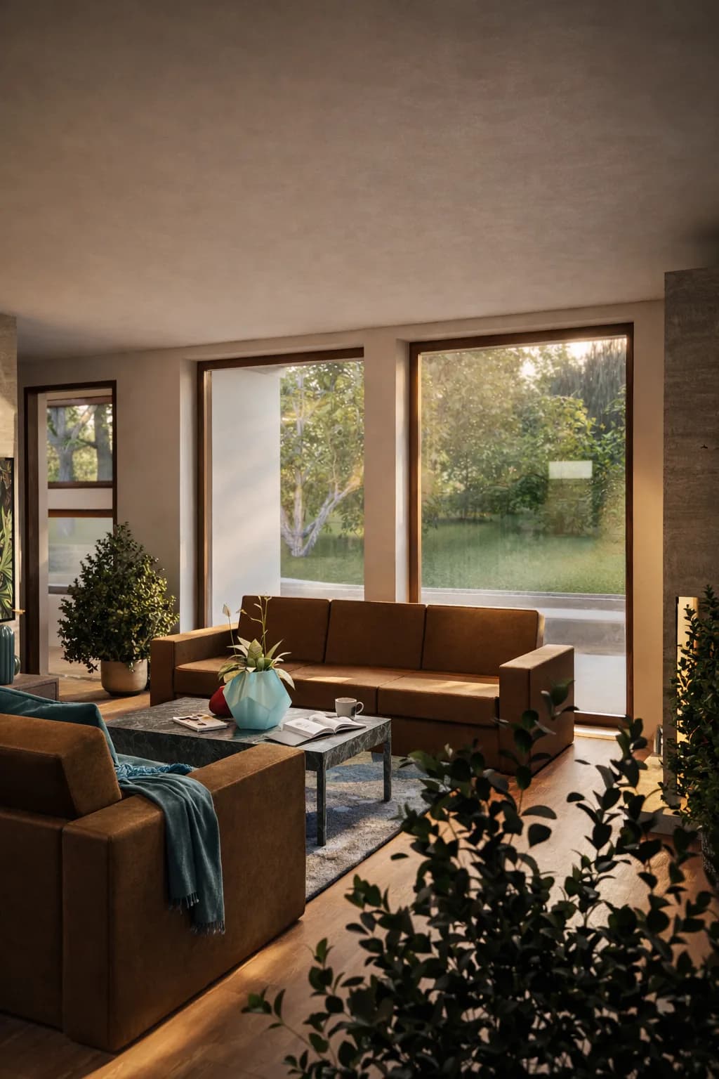 Sylvan rendering: open-plan living space with floor-to-ceiling glazing onto the surrounding greenery