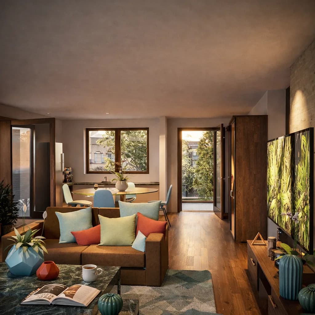 Sylvan rendering: entrance hall opening directly into the warm, timber-floored living area