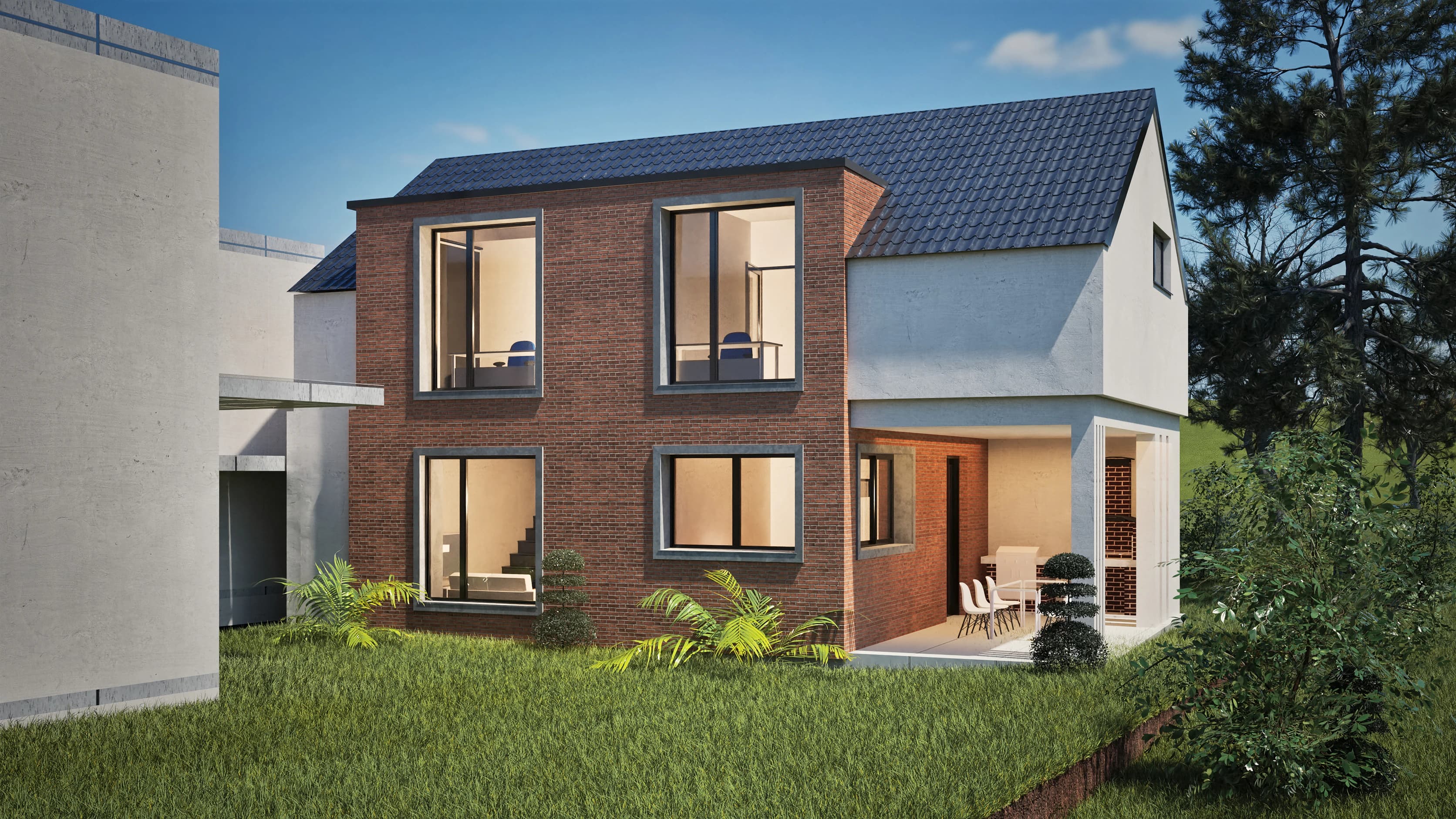 Terracotta rendering: facade option in brick and white render with a covered terrace and fitted barbecue