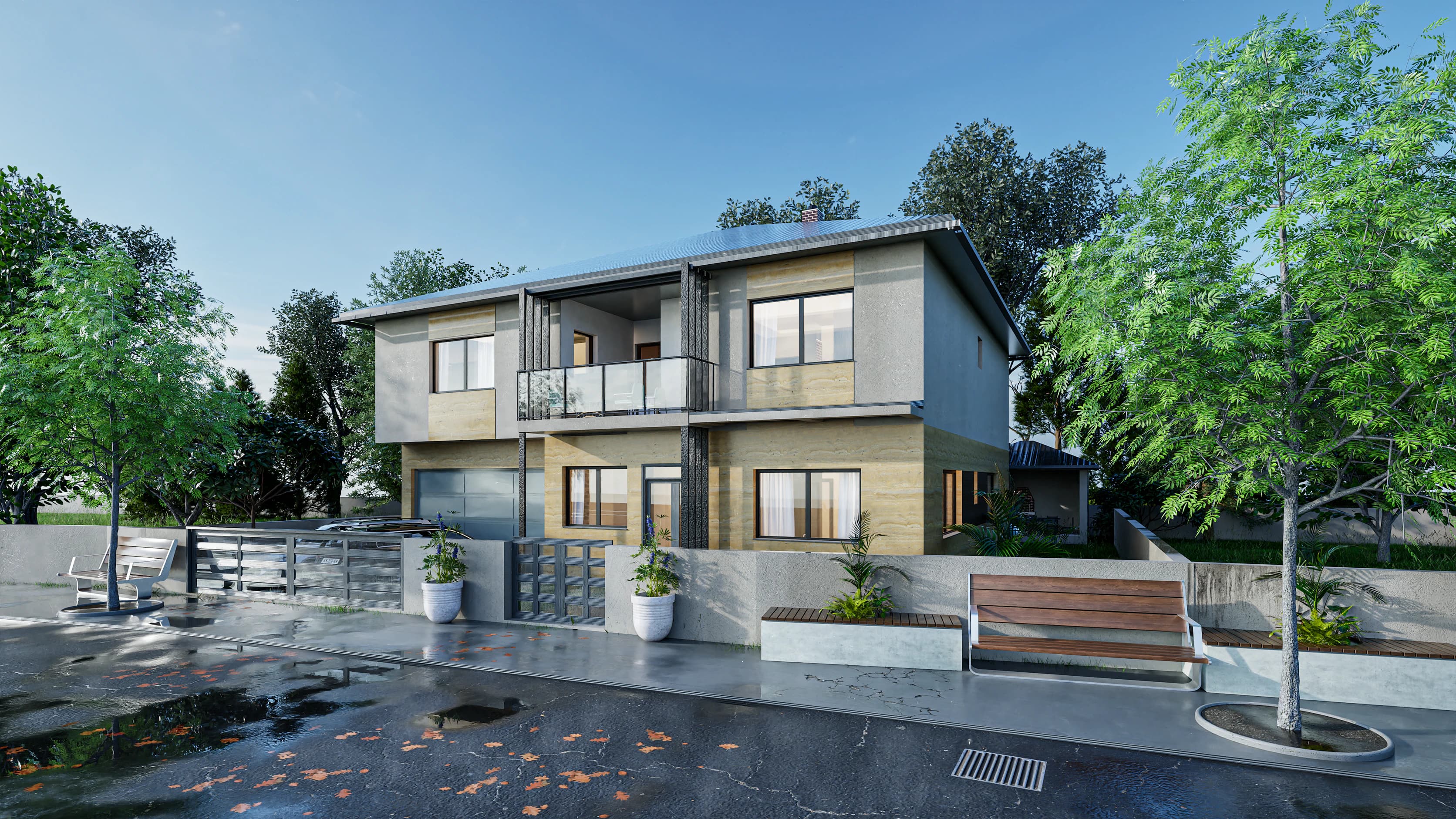 Travertino rendering: two-story house with warm travertine cladding, a glass-railed loggia, integral garage and low hipped roof.