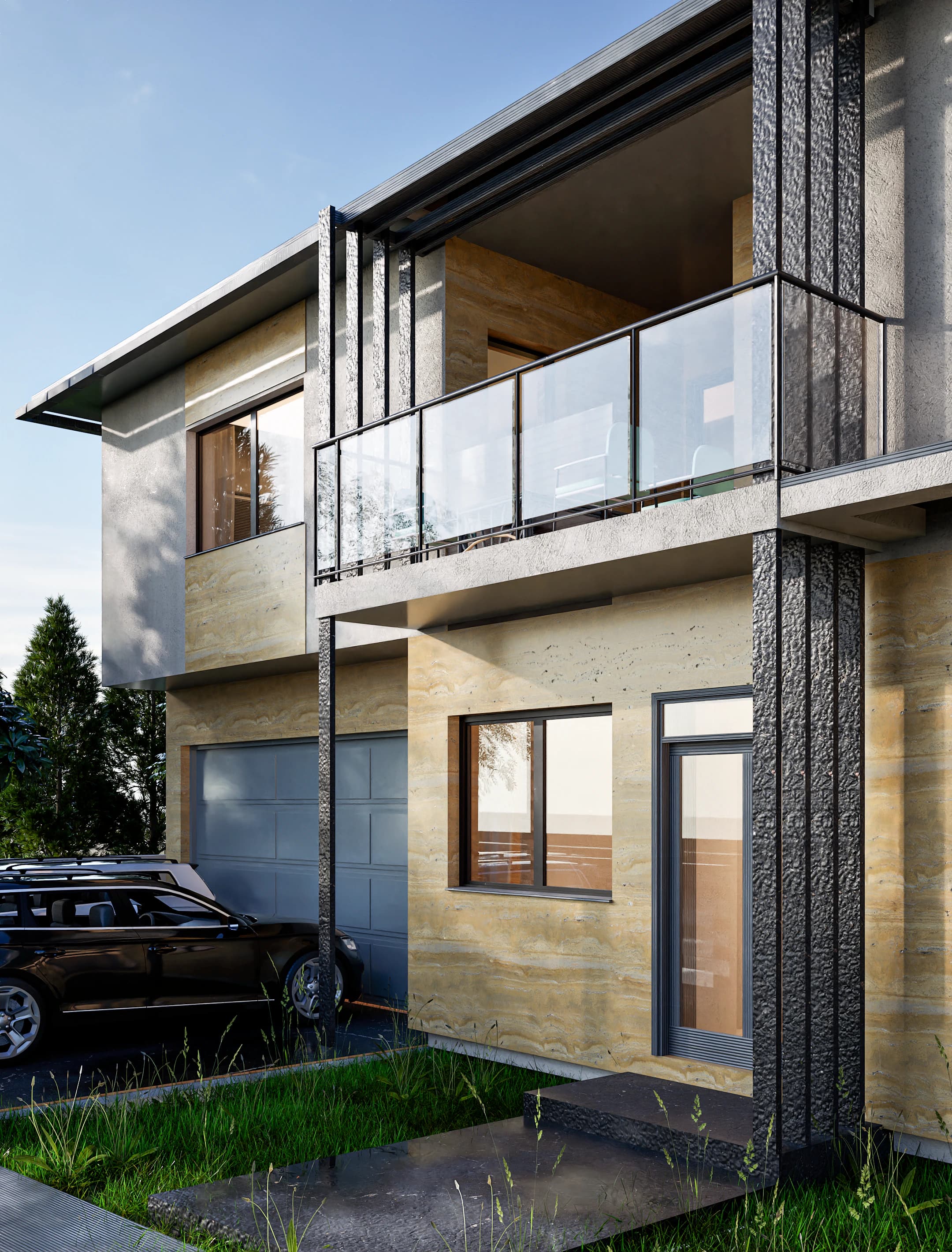 Travertino rendering: travertine-clad facade of the Travertino house.