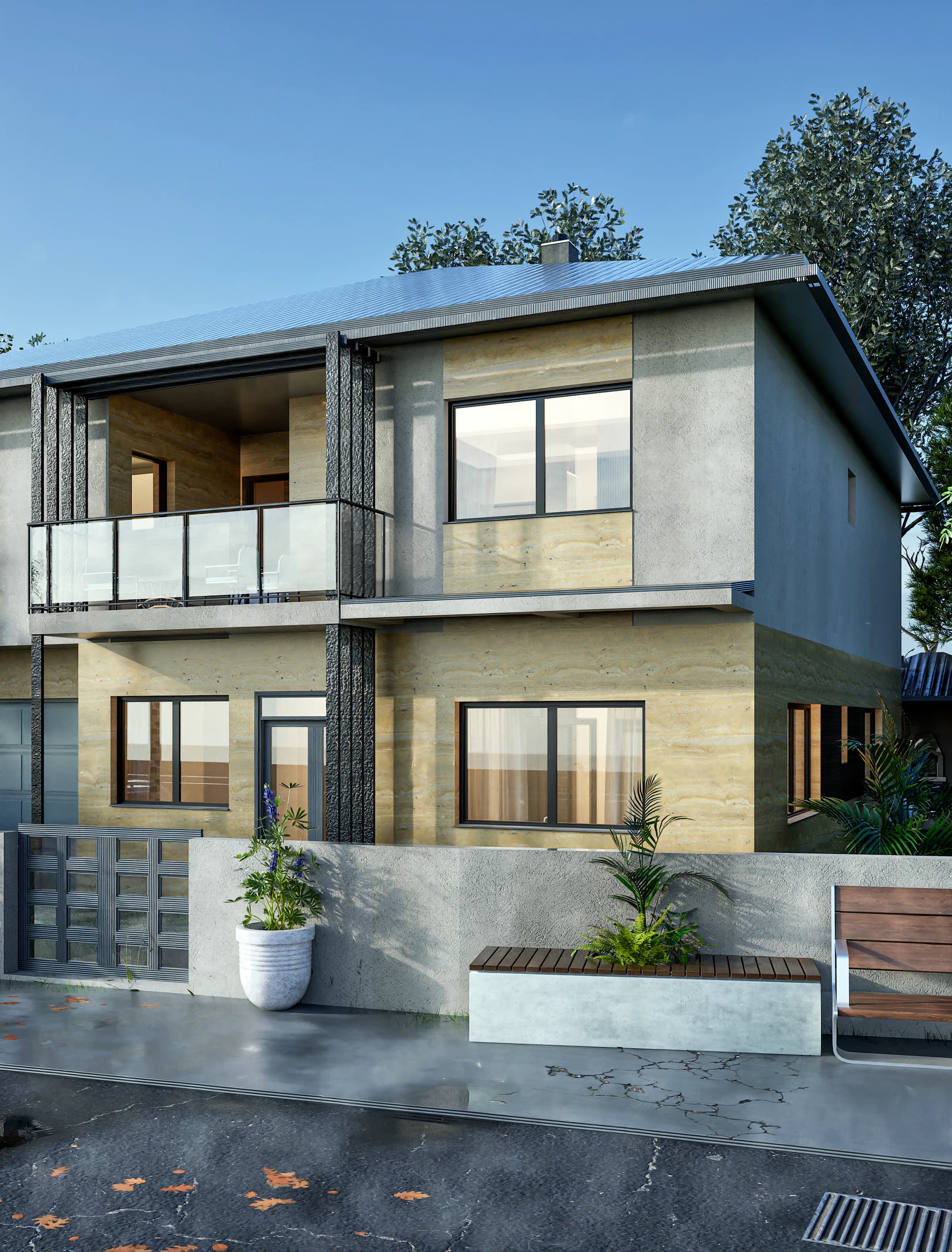 Travertino rendering: close-up of the travertine stone texture on the Travertino facade.