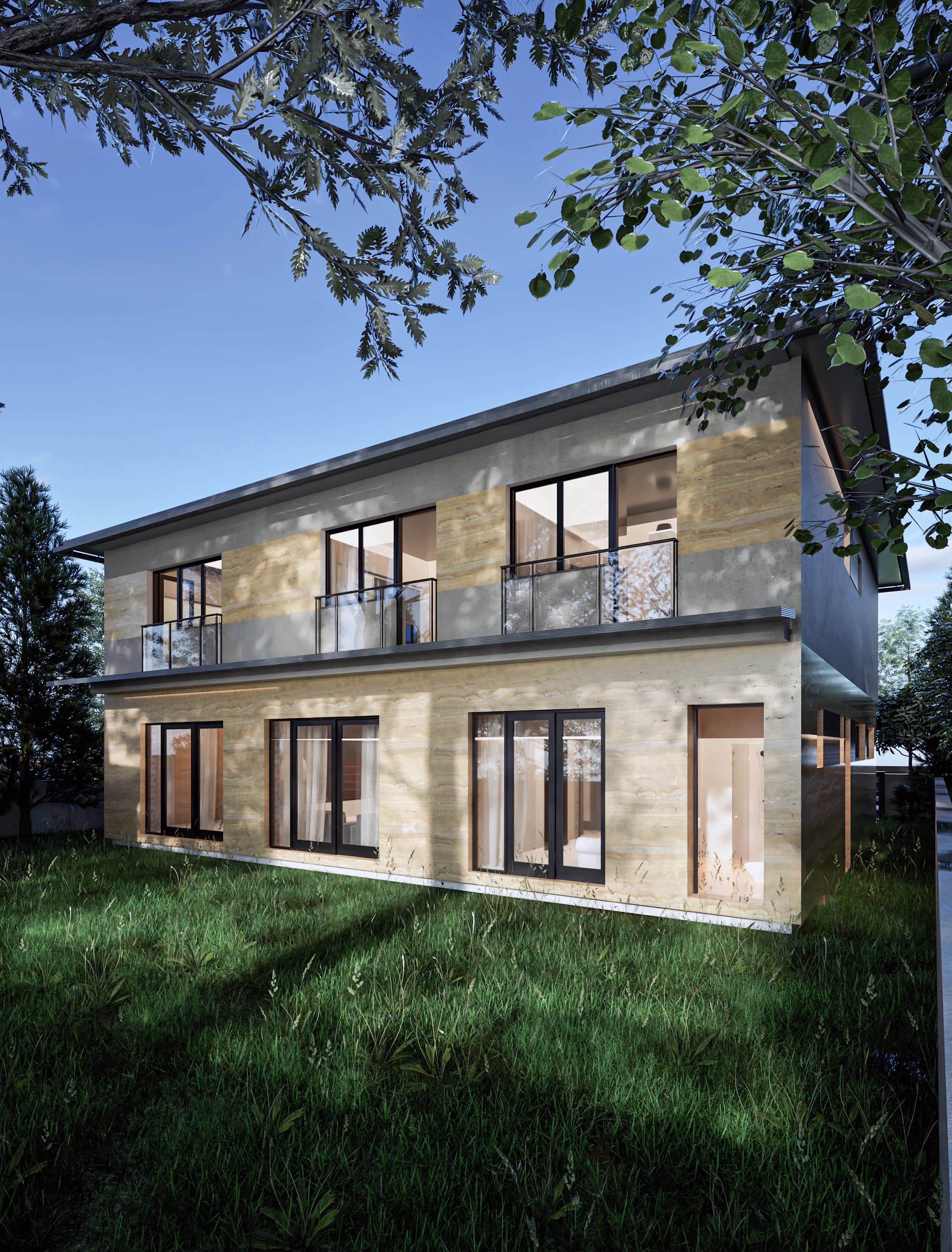 Travertino rendering: rear terrace of the Travertino house framed by travertine cladding.