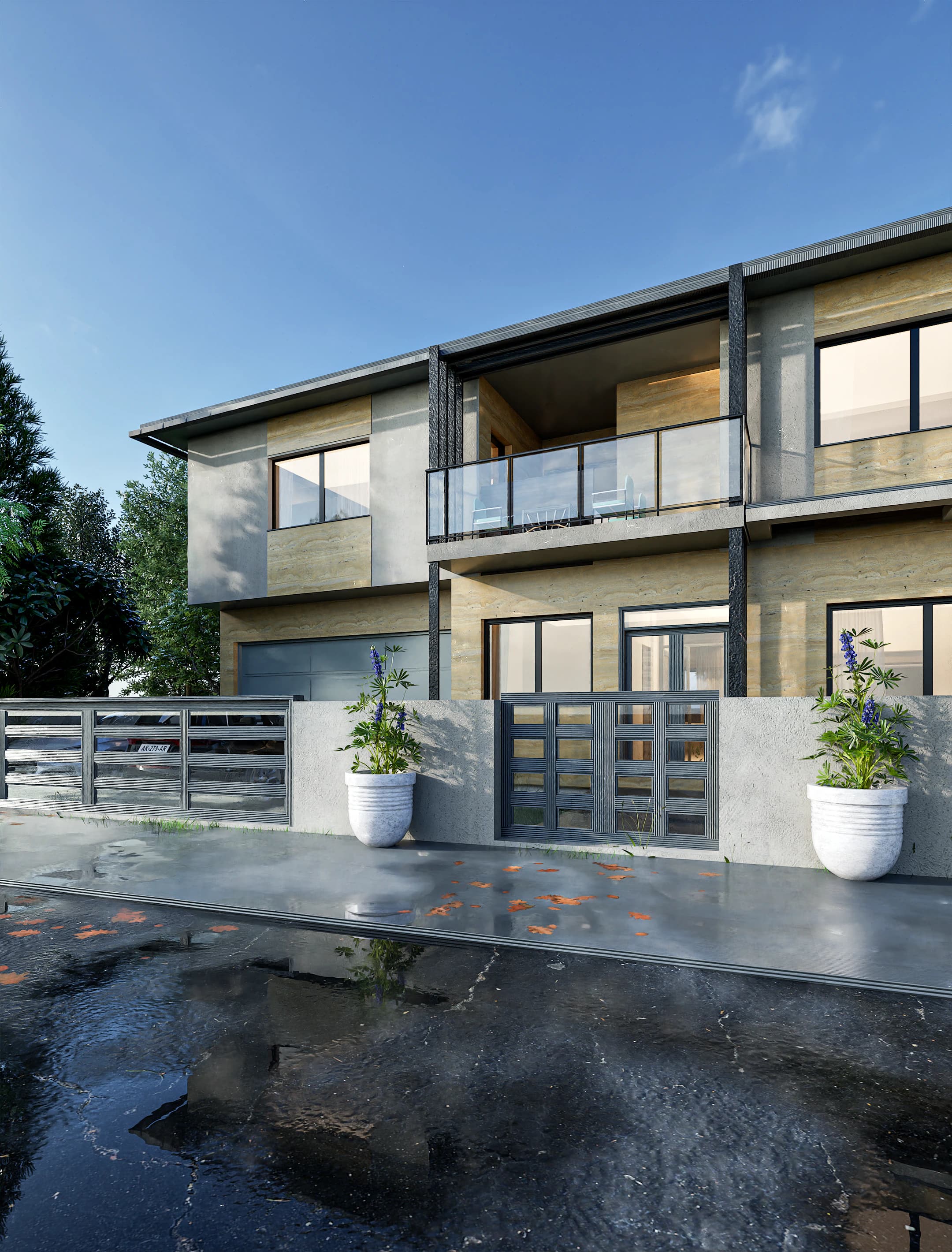 Travertino rendering: detail where travertine cladding meets large glazing on the Travertino house.