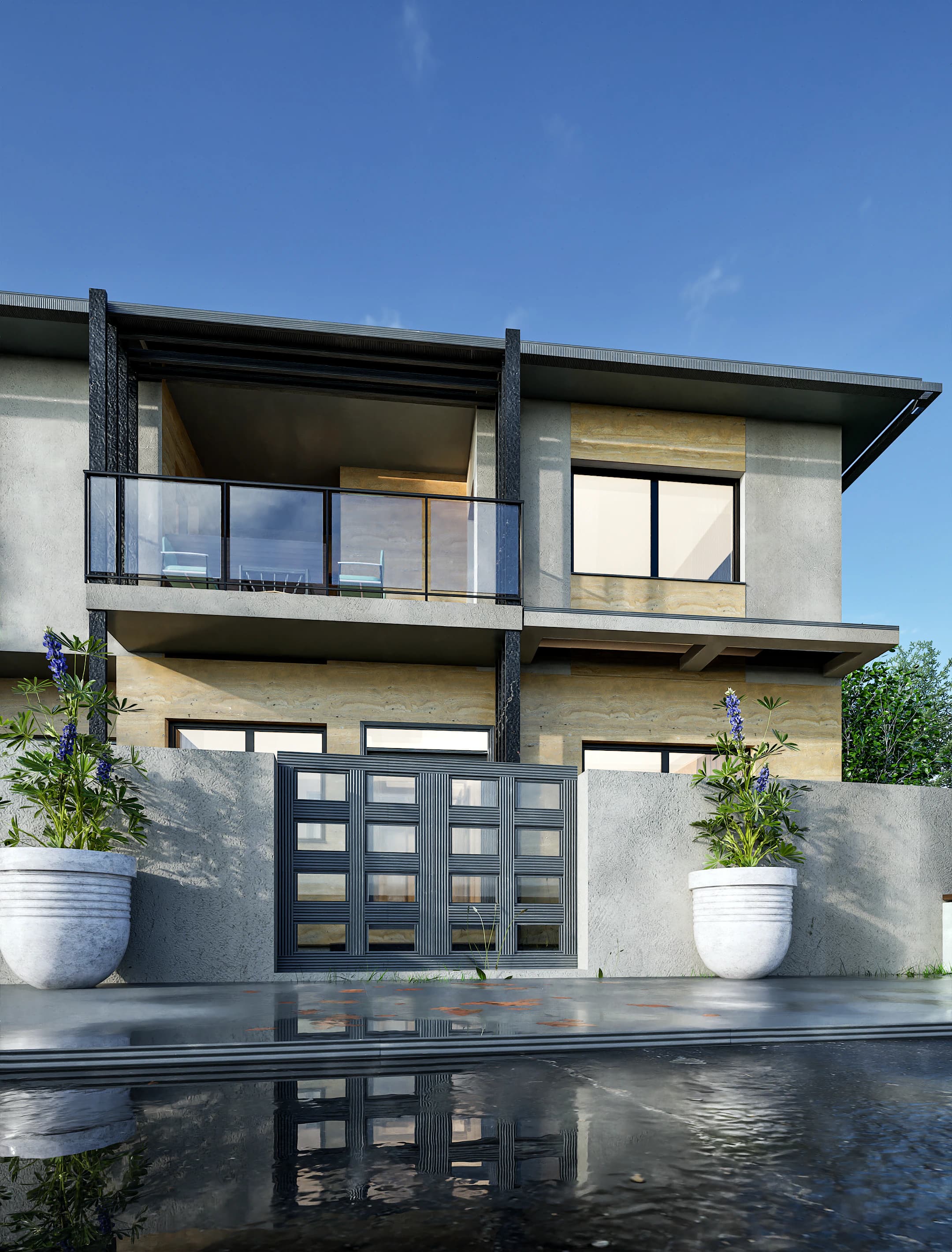 Travertino rendering: exterior detail of the Travertino house facade.