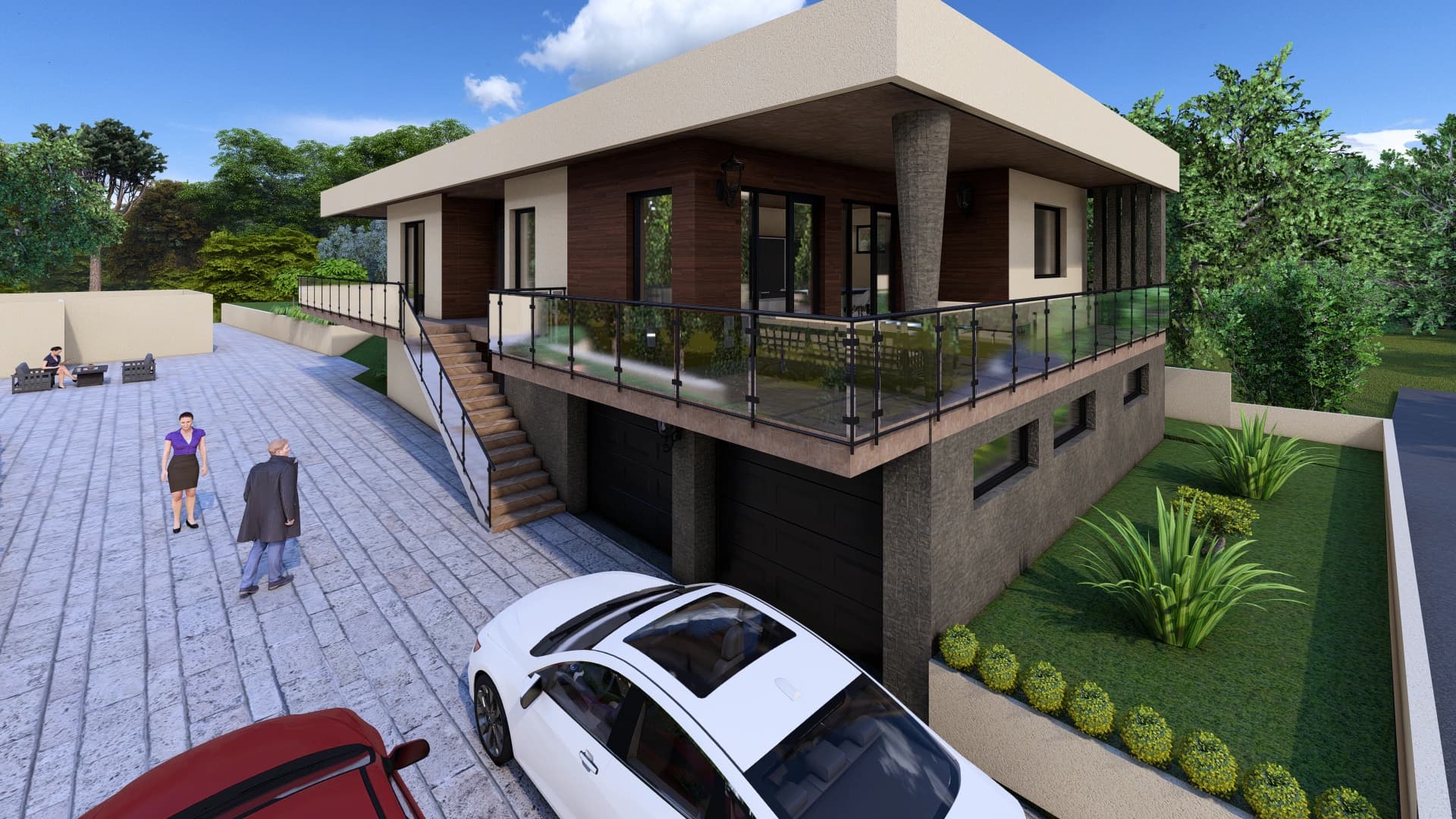Vela rendering: flat-roof European modern home over a stone-clad lower level with a two-car garage and a glass-railed wraparound terrace.