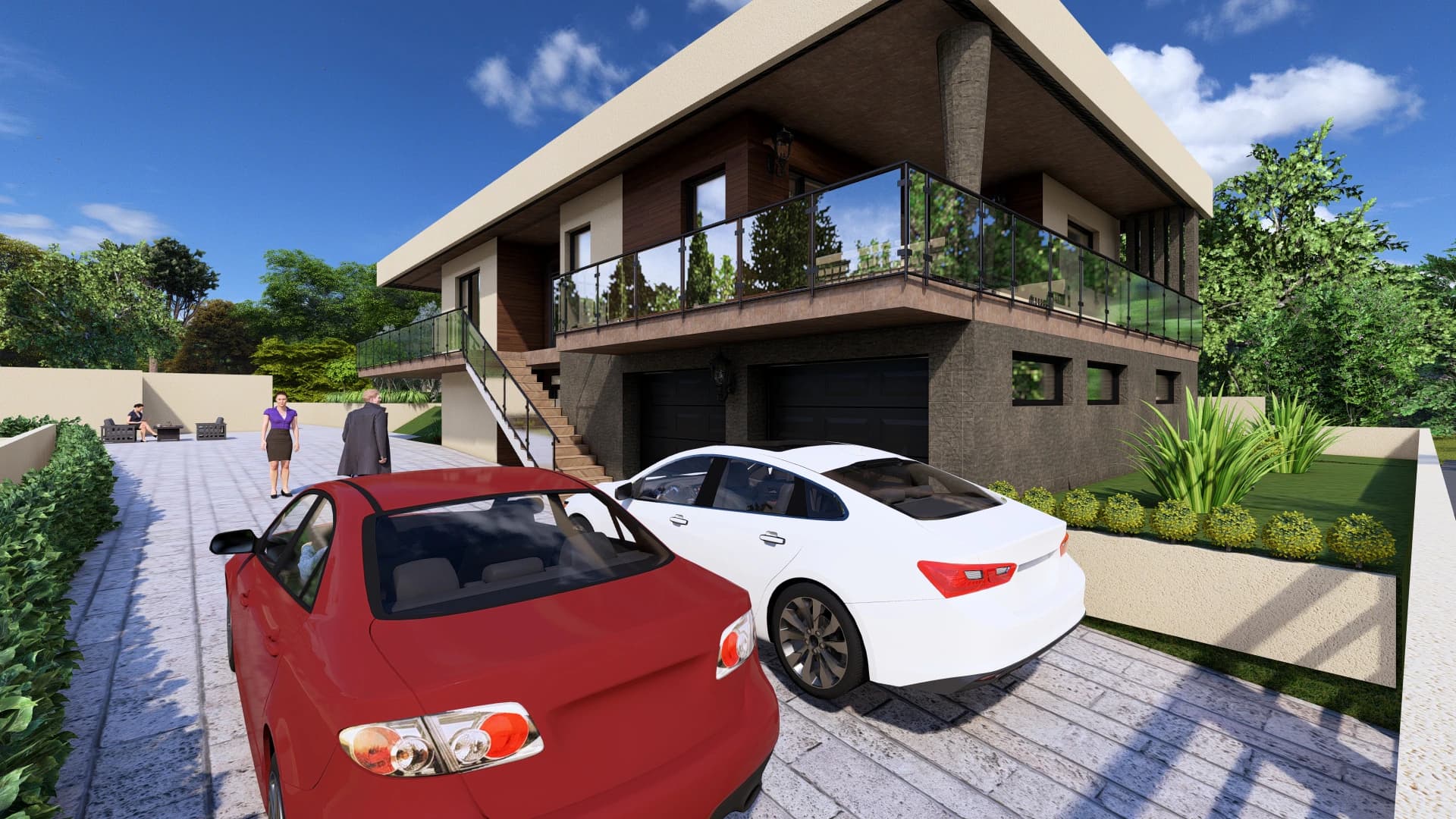 Vela rendering: front exterior of the Vela house with its deep flat roof and large glazing.