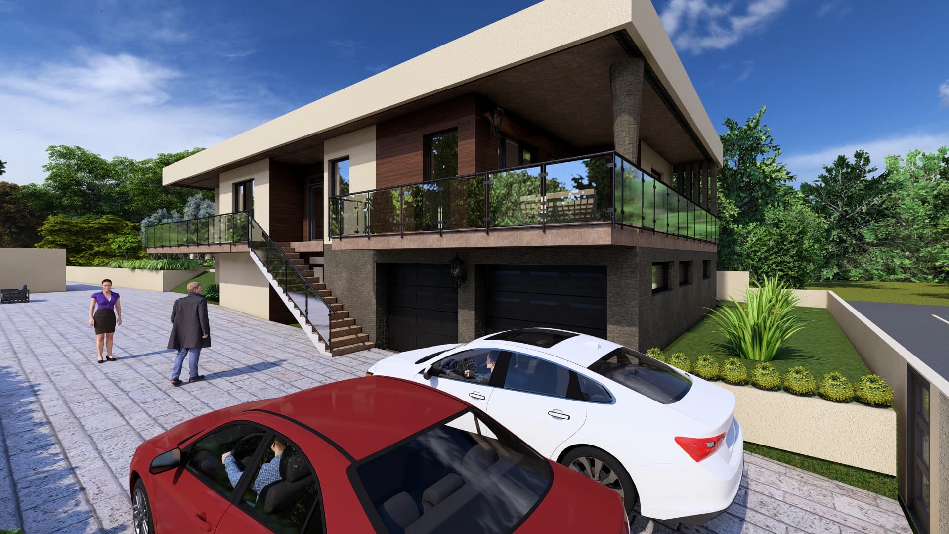Vela rendering: entrance and lower-level two-car garage of the Vela house.