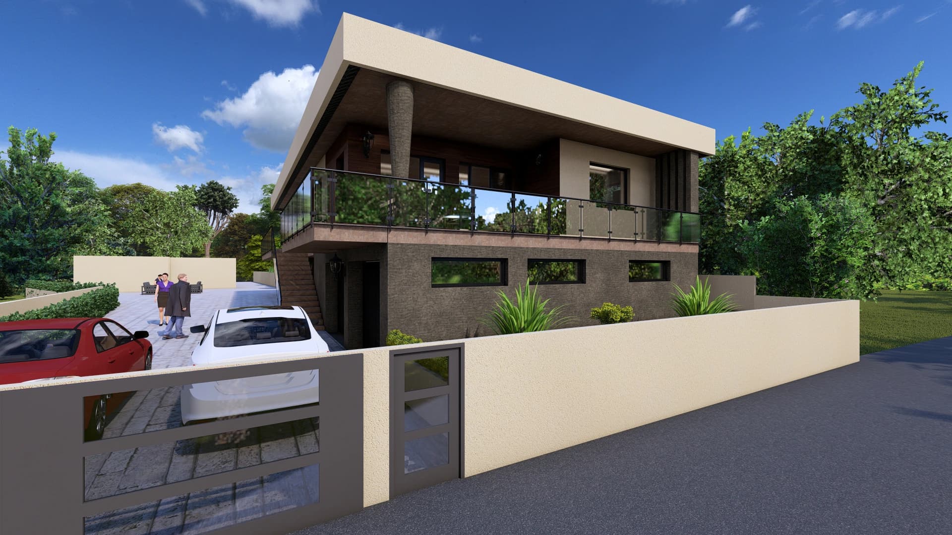 Vela rendering: wraparound terrace with a frameless glass balustrade.