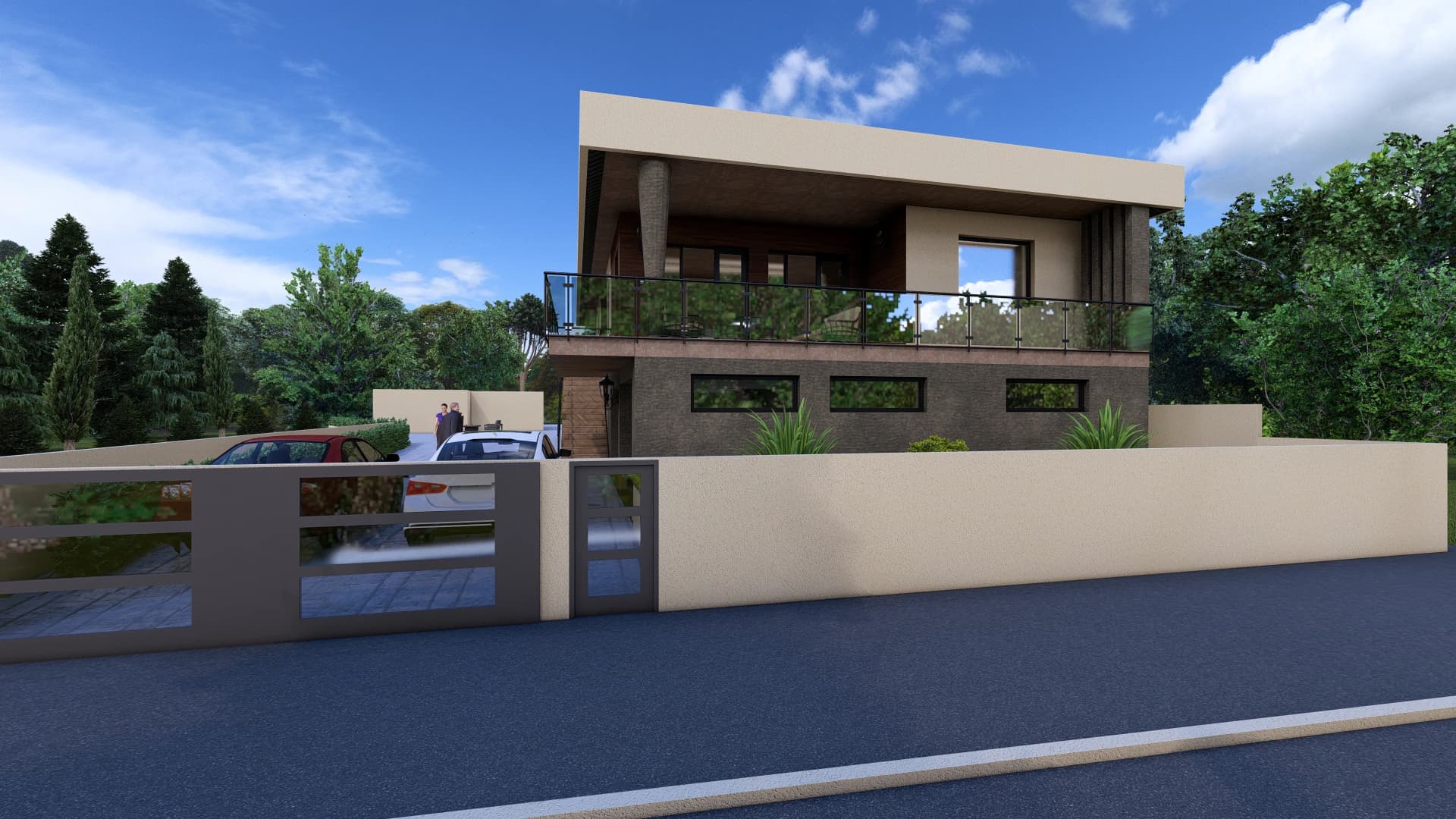 Vela rendering: stone and concrete facade detail of the Vela house.