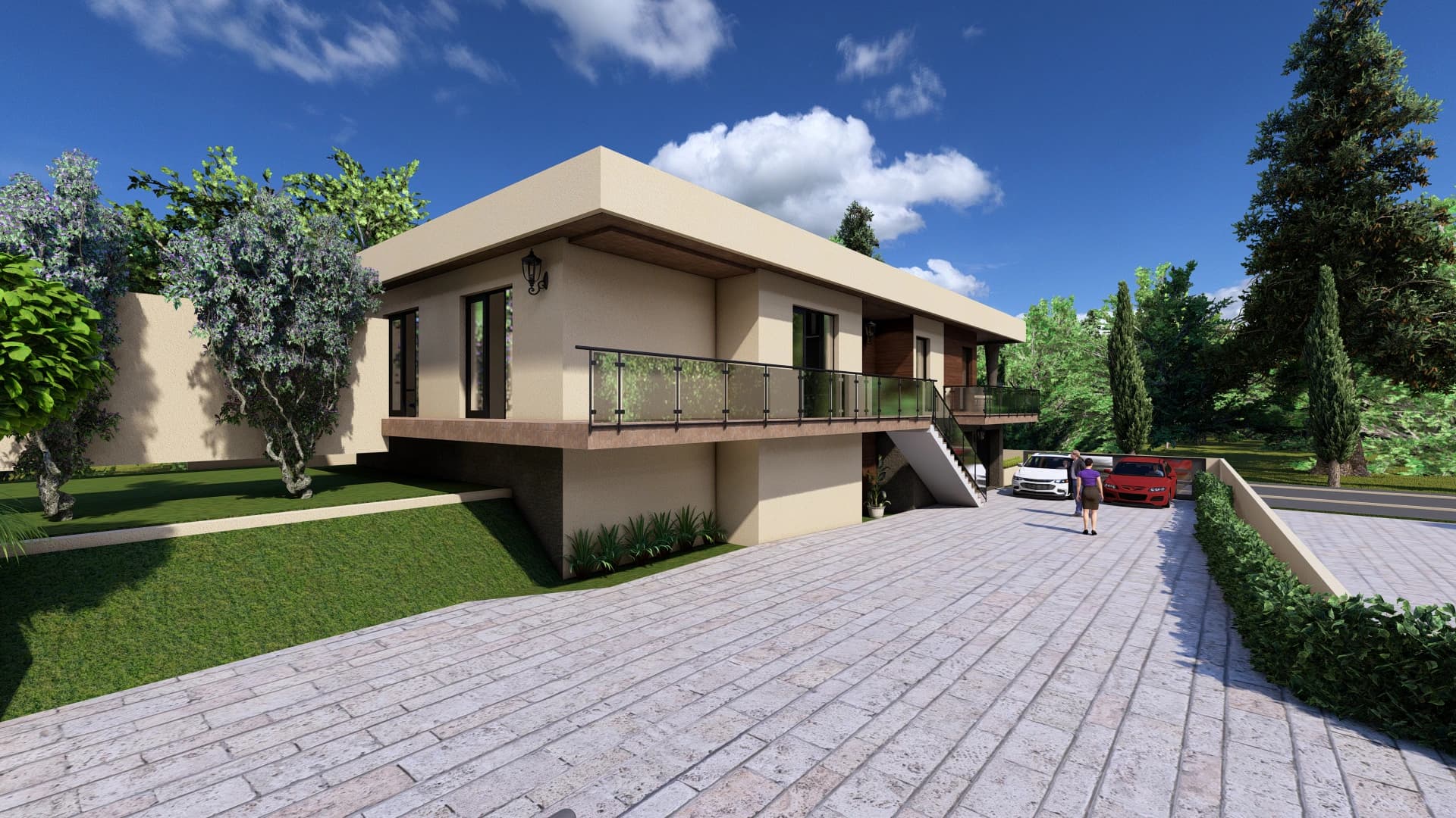 Vela rendering: the Vela house seen across its landscaped garden.