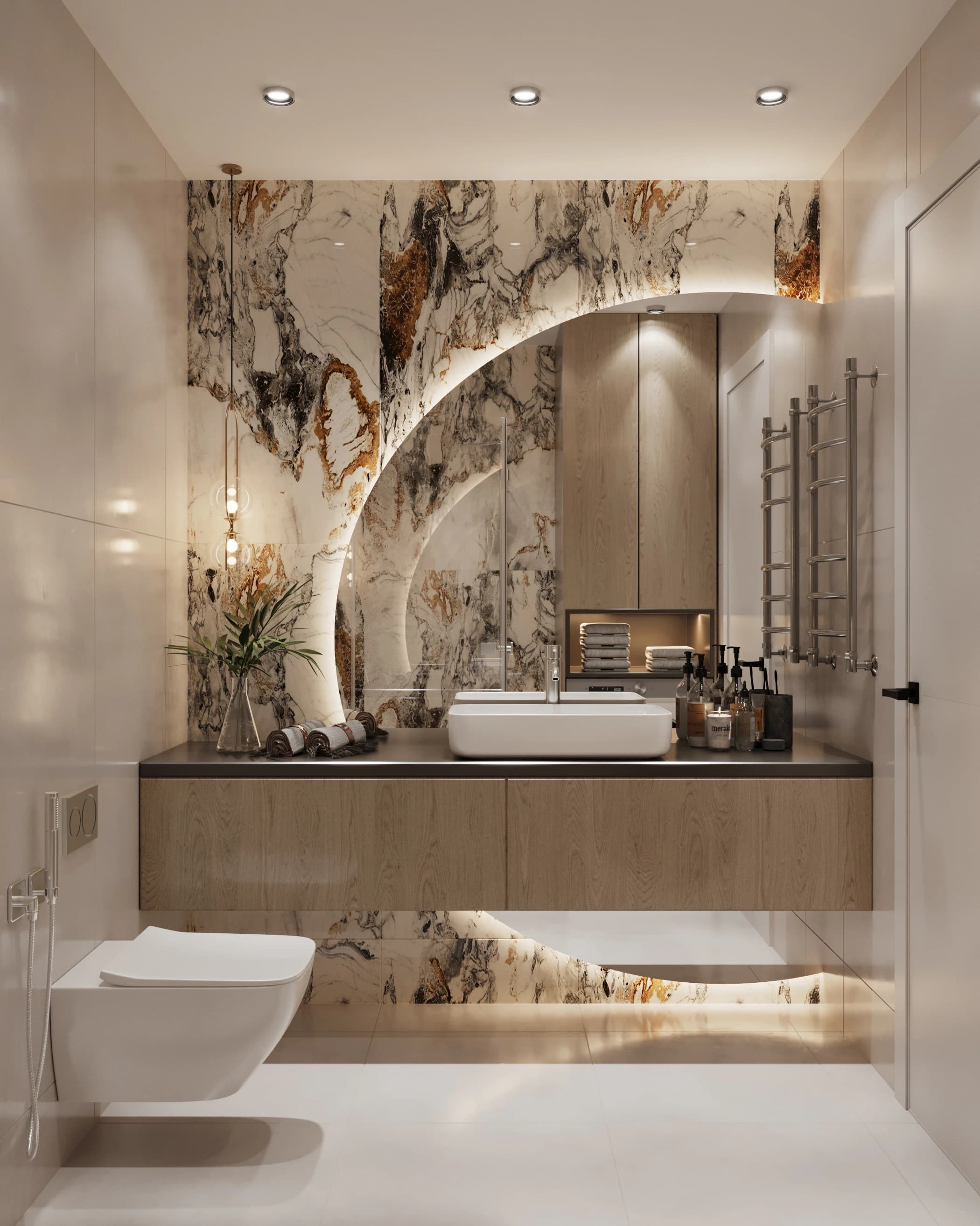 Bathroom of the Elegance apartment: white marble with amber veining, a backlit arched mirror and a floating oak vanity
