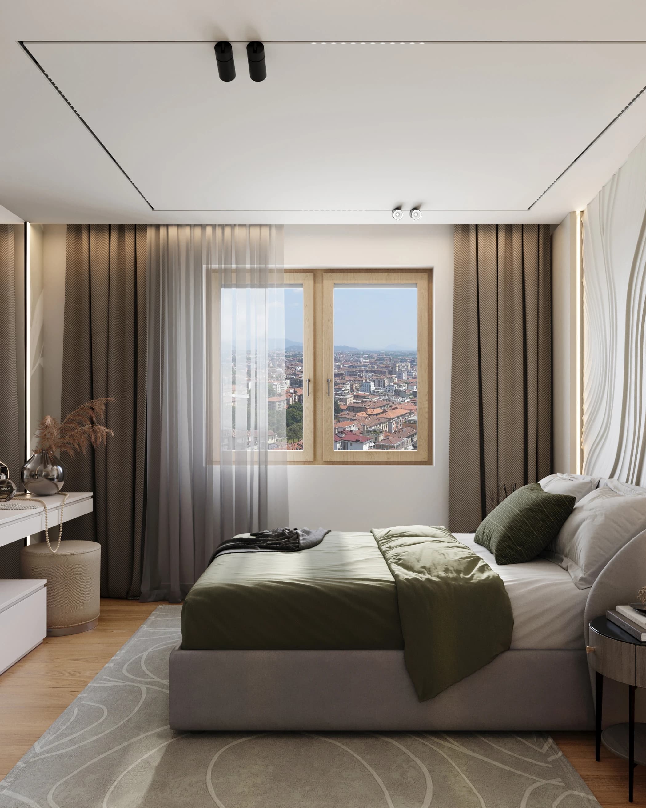 Bedroom of the Elegance apartment: olive green bedding, a wave-patterned headboard wall and a pale patterned rug