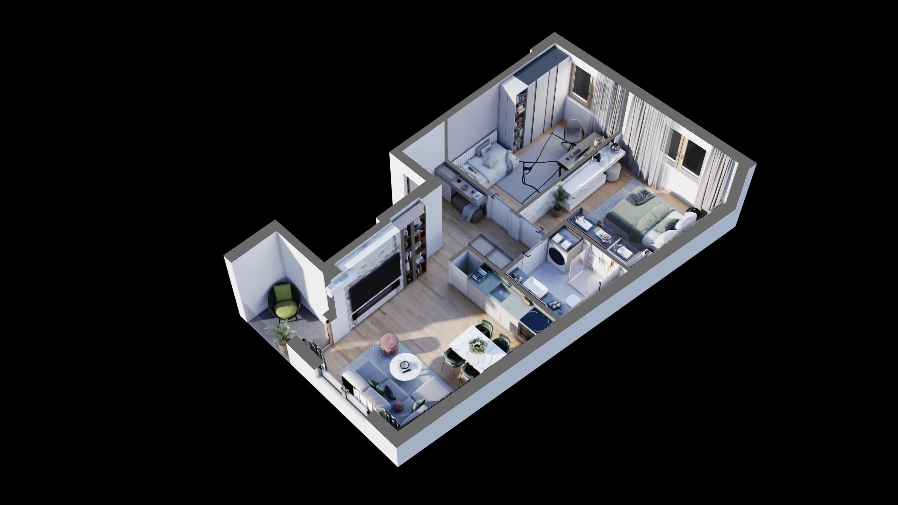 The Elegance apartment as a furnished 3D floor plan, cut away to show every room