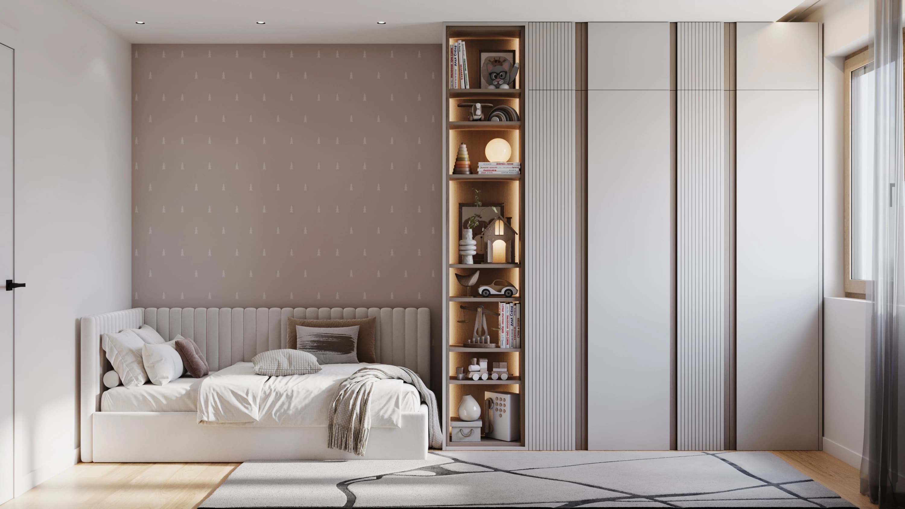 Kids' room of the Elegance apartment: an upholstered daybed, a lit open bookcase and fluted white wardrobe doors