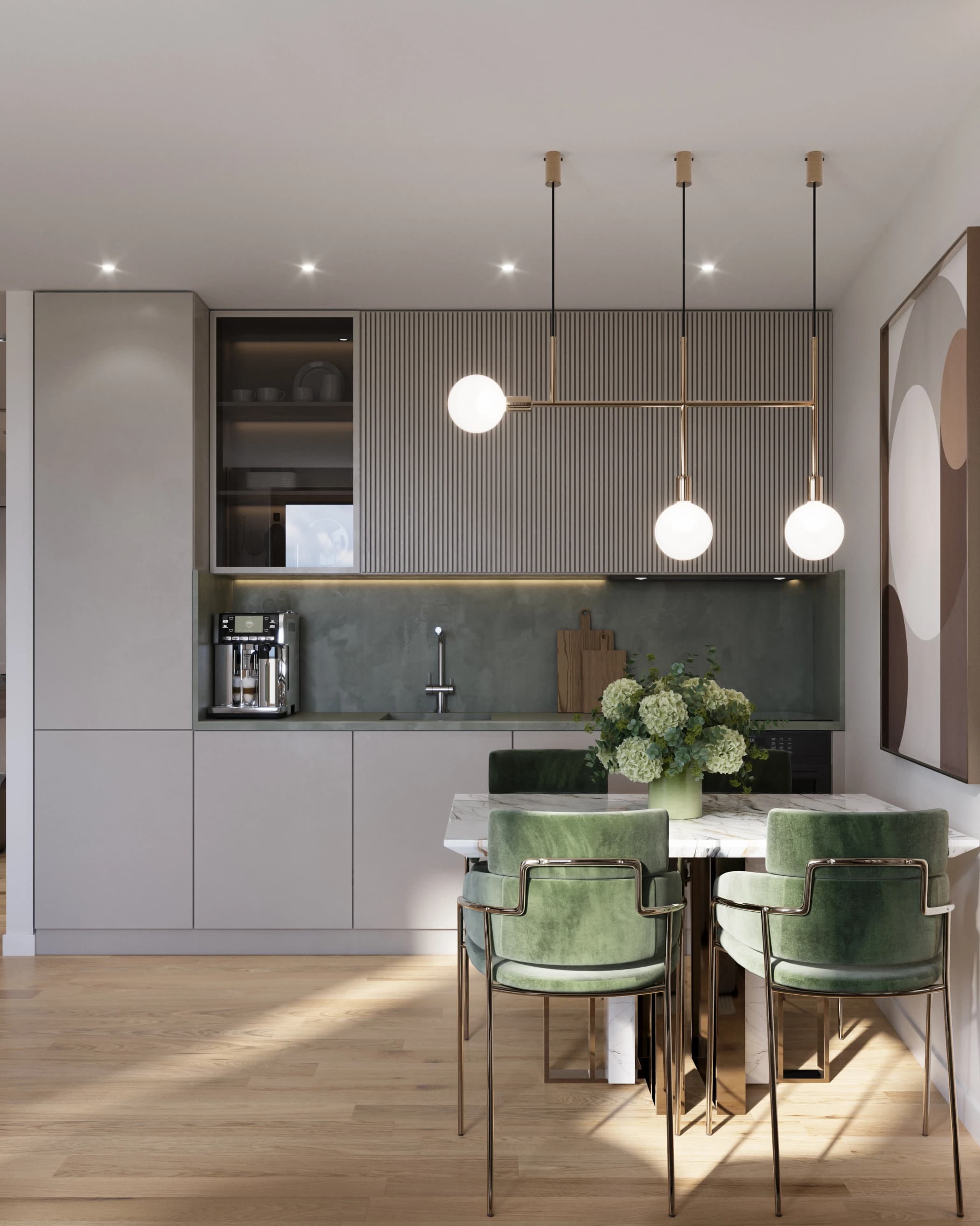 Kitchen of the Elegance apartment: fluted wall cabinets, a green stone backsplash and brass globe pendant lights
