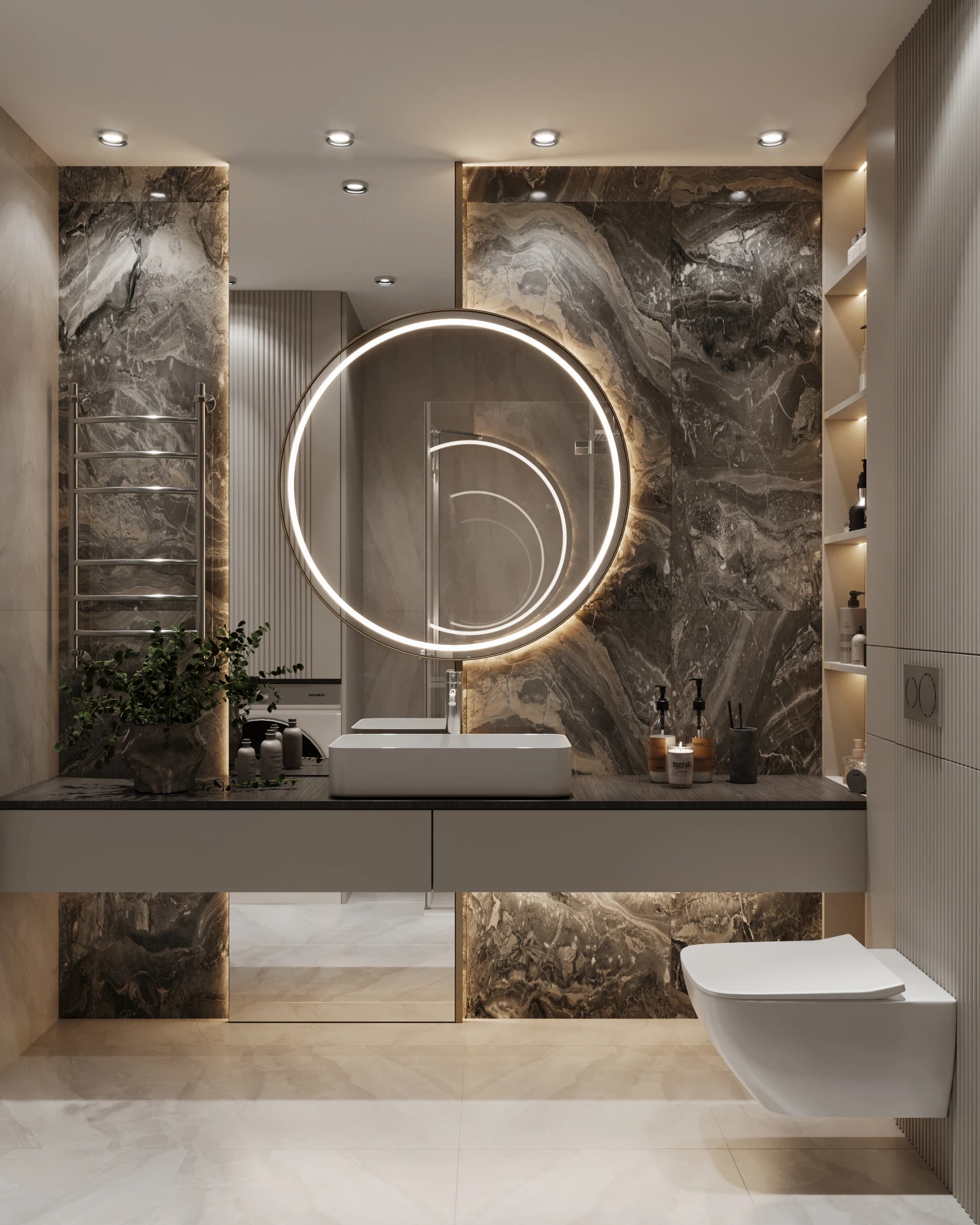 Bathroom of the Open plan apartment: dark veined marble, a backlit round mirror and a floating vanity with a vessel sink