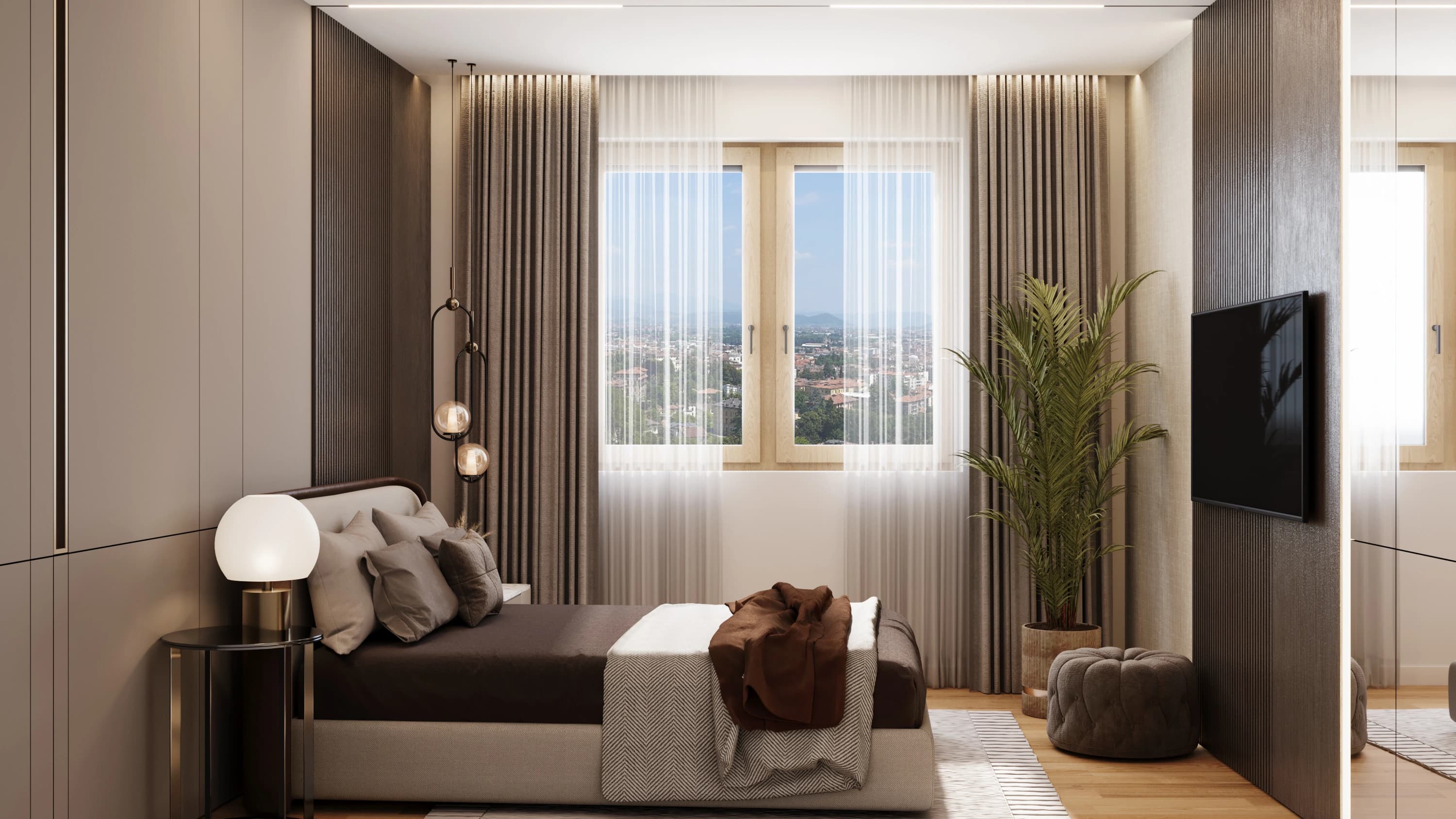 Bedroom of the Open plan apartment: brown bedding, taupe drapes over sheer curtains and a slatted dark wood TV wall