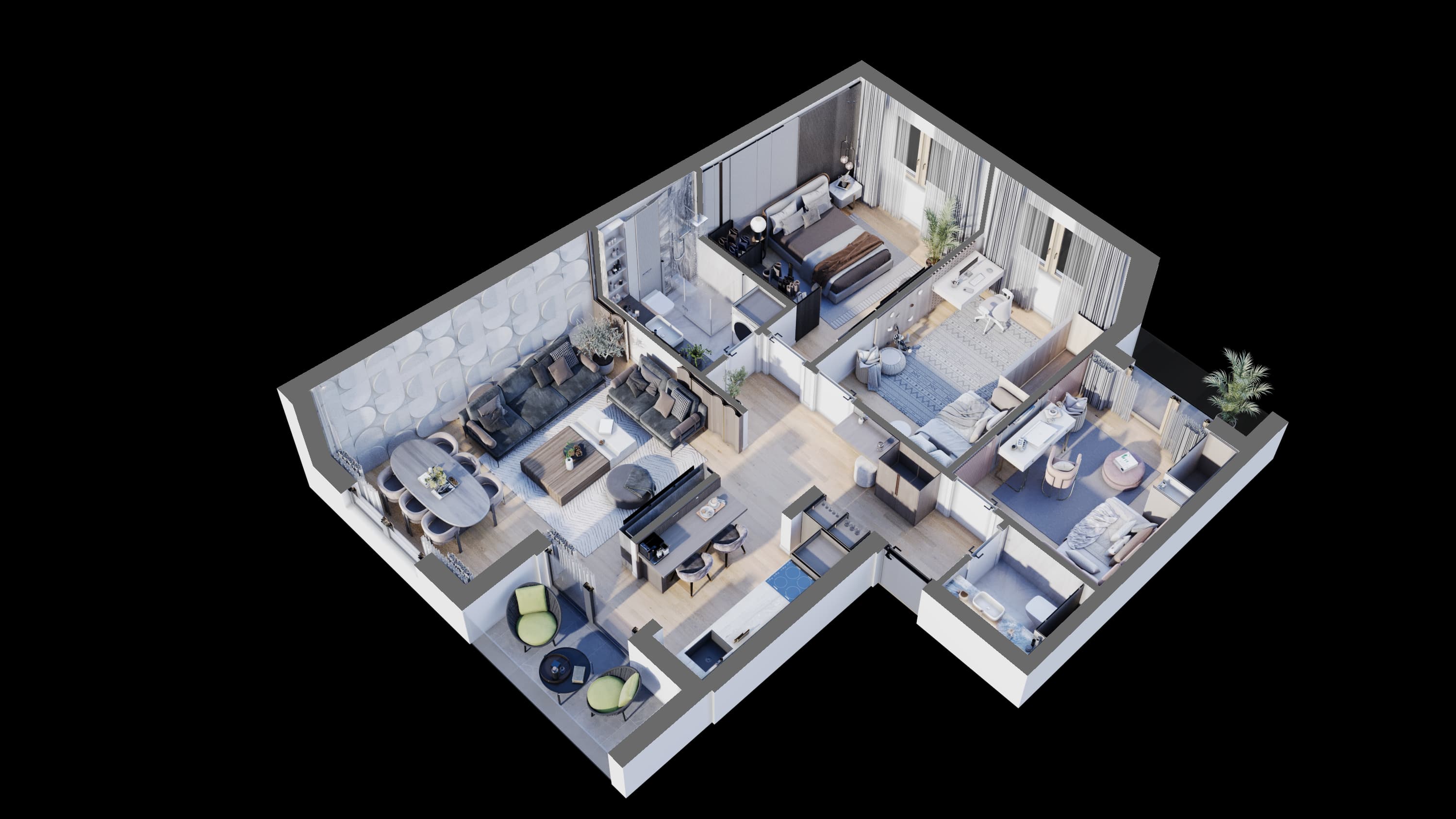 The Open plan apartment as a furnished 3D floor plan, cut away to show every room