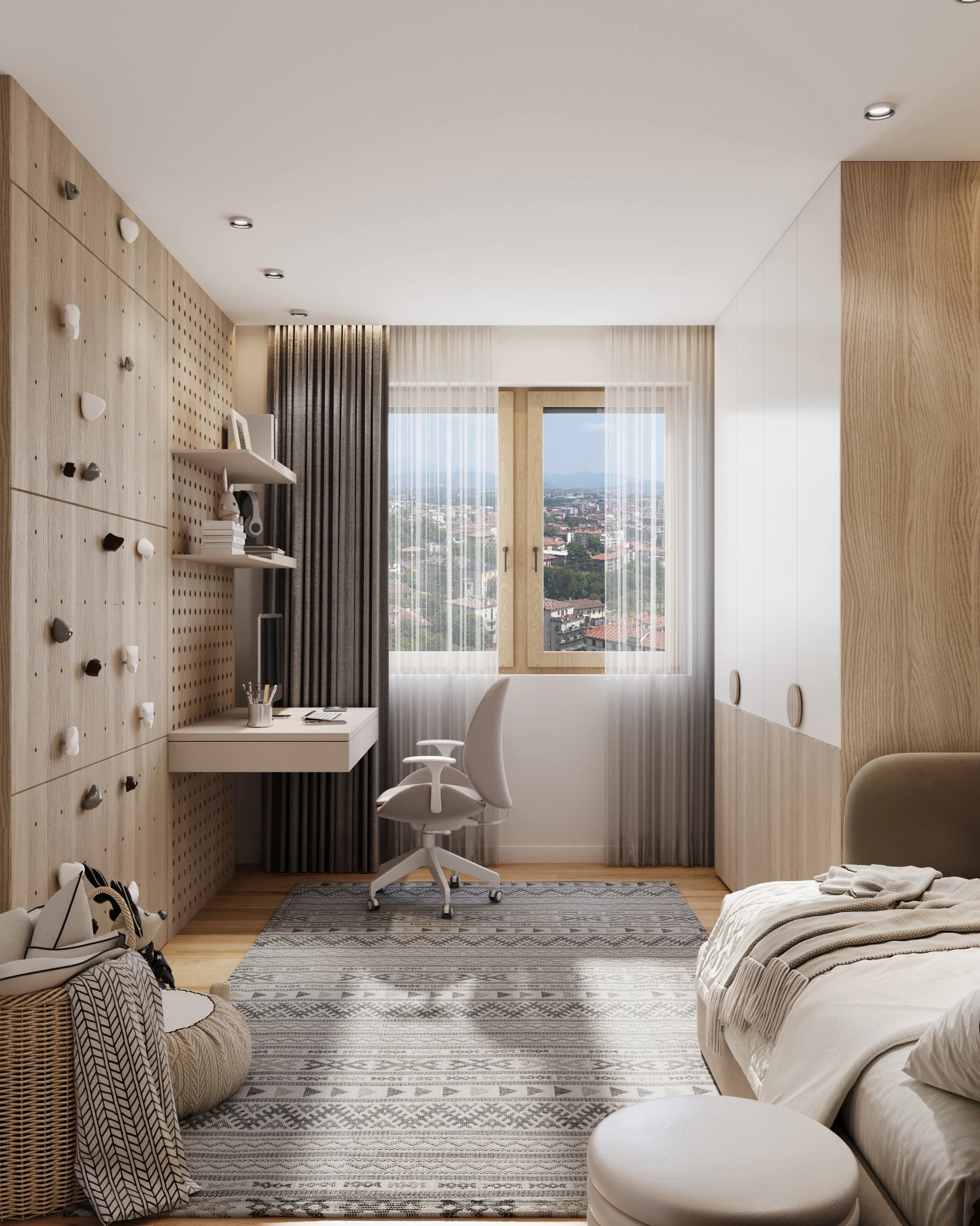 Kids' room 1 of the Open plan apartment: a wooden climbing wall, a floating white desk and a patterned gray rug