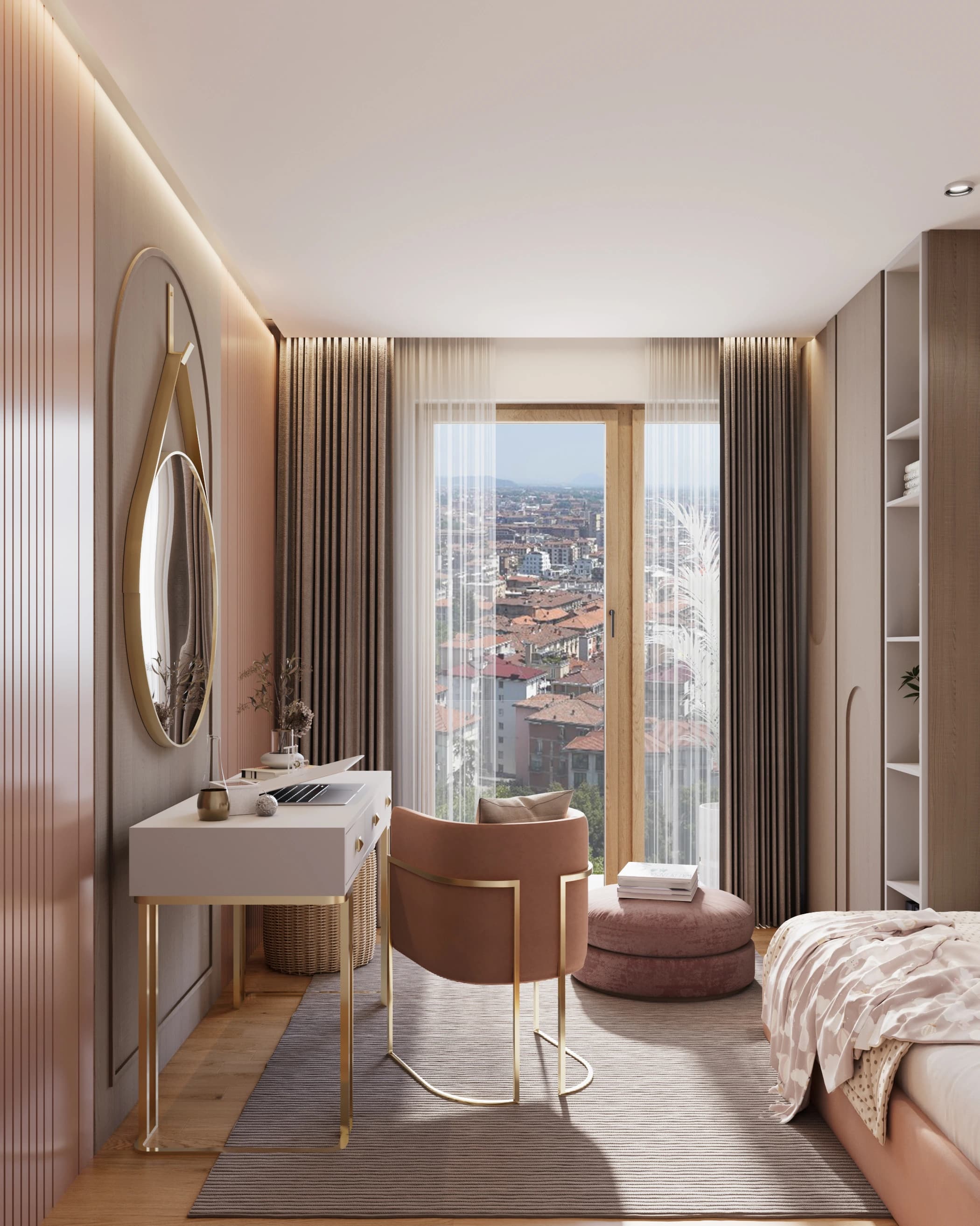 Kids' room 2 of the Open plan apartment: blush wall panels, a gold-framed oval mirror and a white desk with gold legs