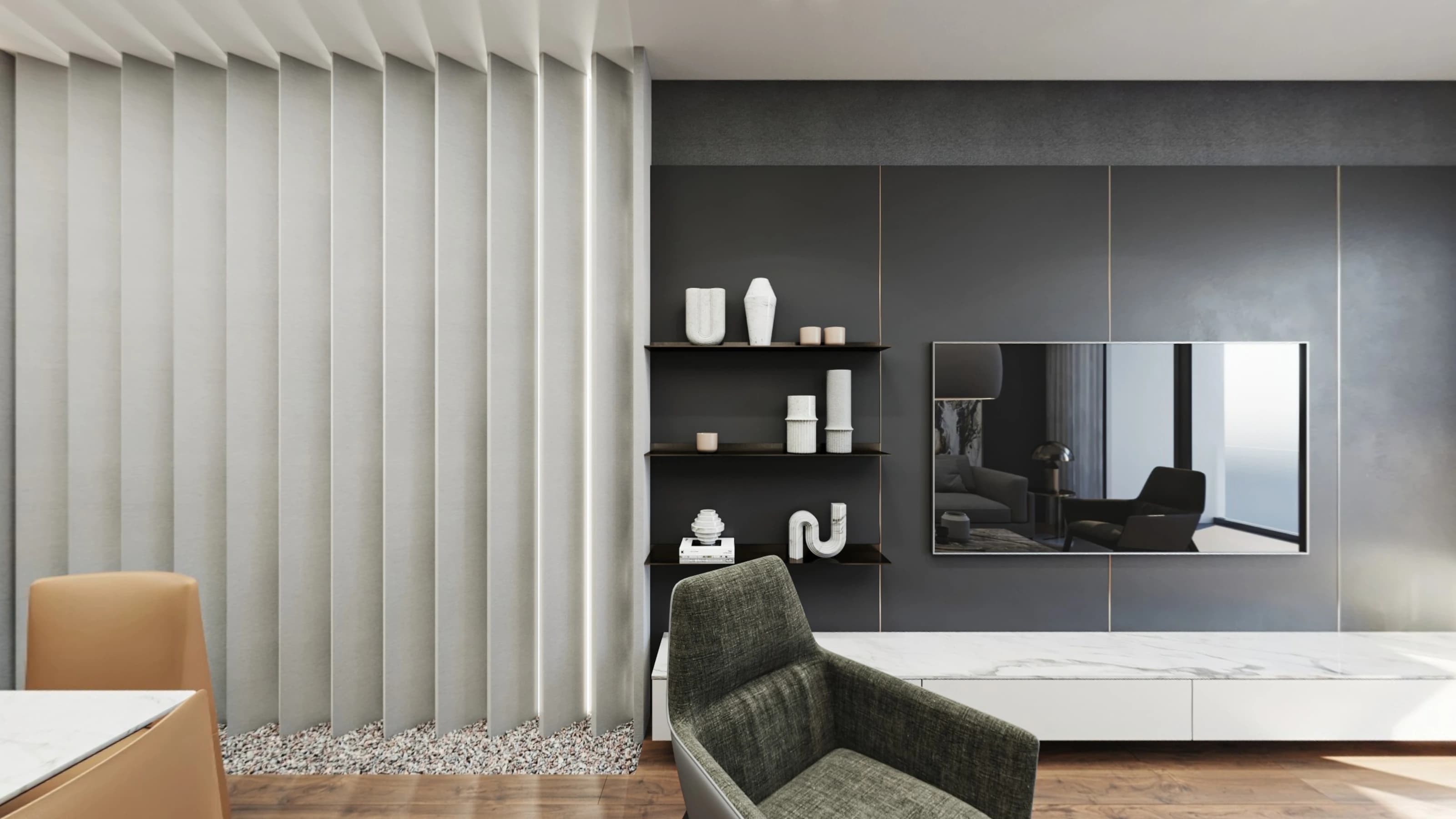 Opening view of the Contemporary 360° tour: living room with angled white wall fins, a charcoal paneled TV wall and a green armchair