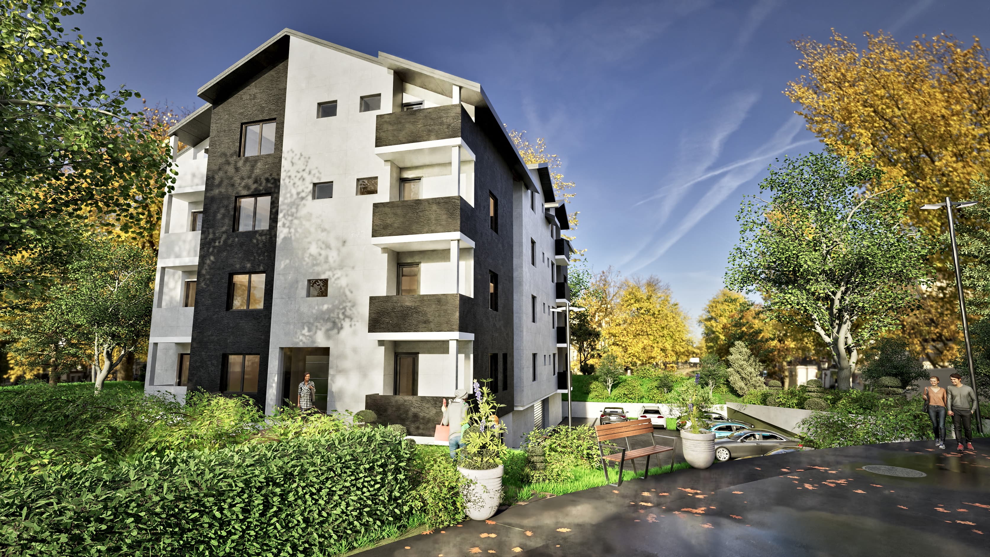 Rendering of the design for a 20-apartment building in Sokobanja, Serbia: front view with the entrance and the drive down to the parking.