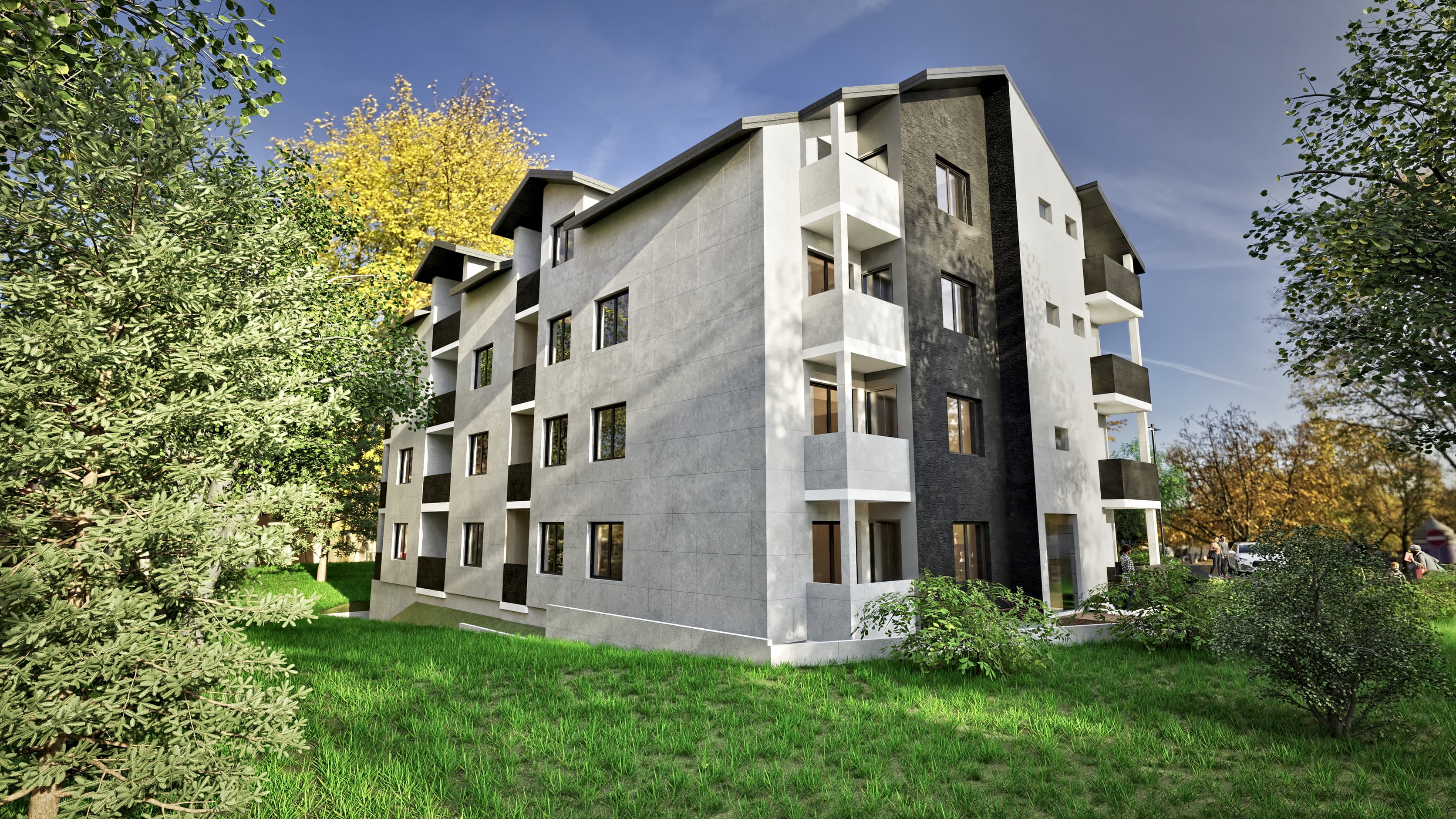 Rendering of the design for a 20-apartment building in Sokobanja, Serbia: side view from the park.