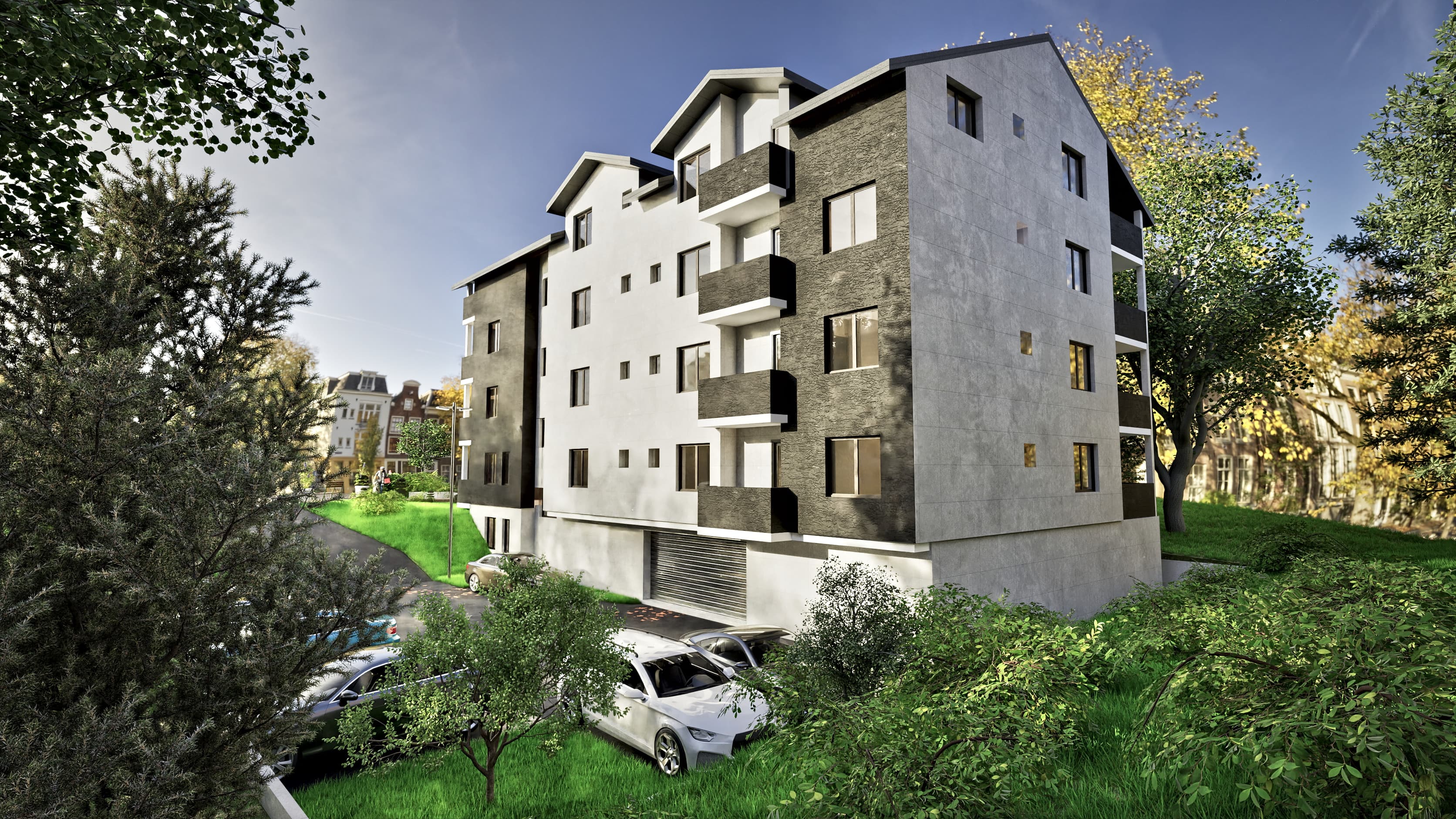 Rendering of the design for a 20-apartment building in Sokobanja, Serbia: rear view with the garage entrance.