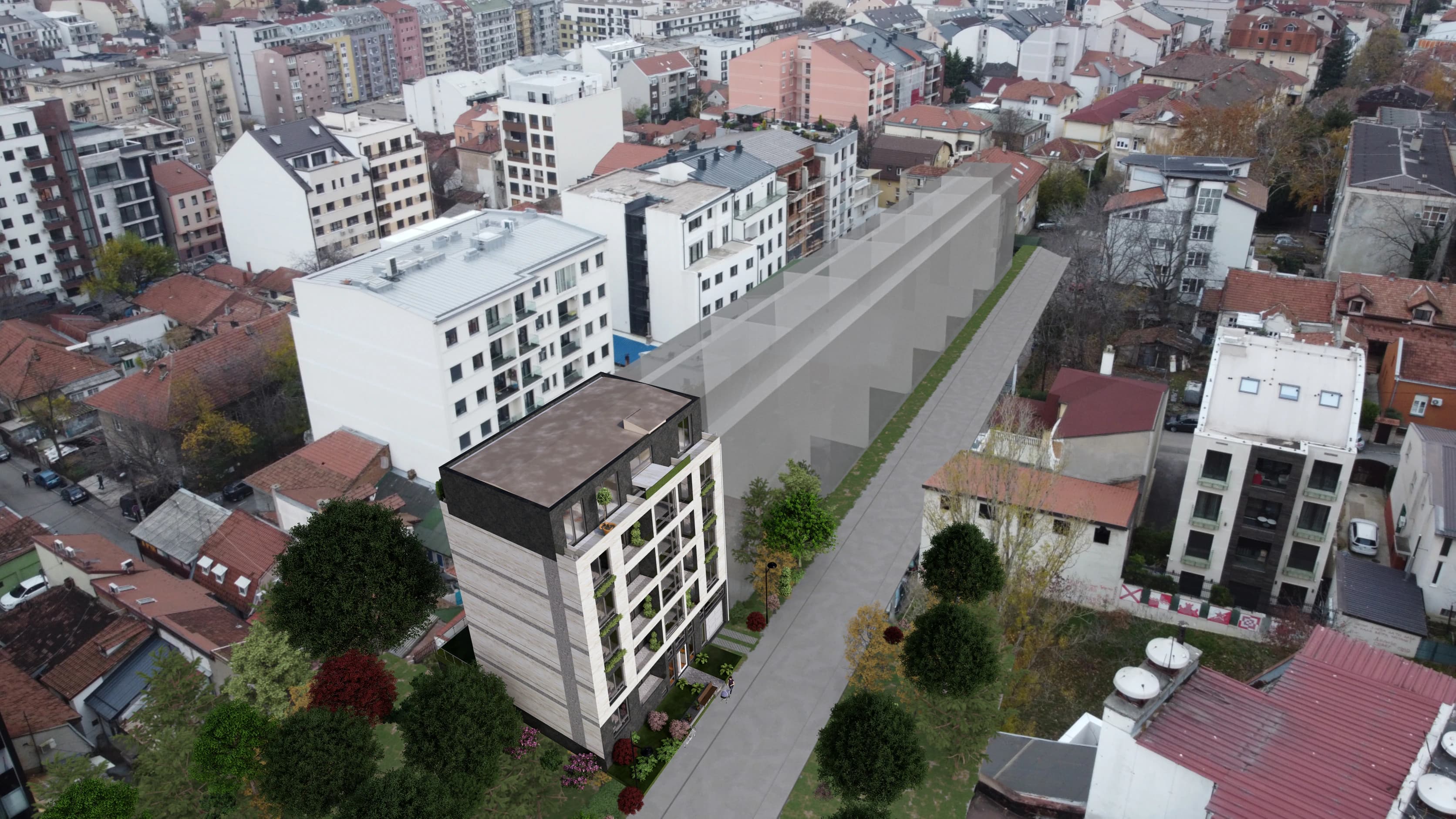 Photomontage of the design for a mixed-use building in Vračar, Belgrade, Serbia, set into a photograph of its site: aerial view within the city block.