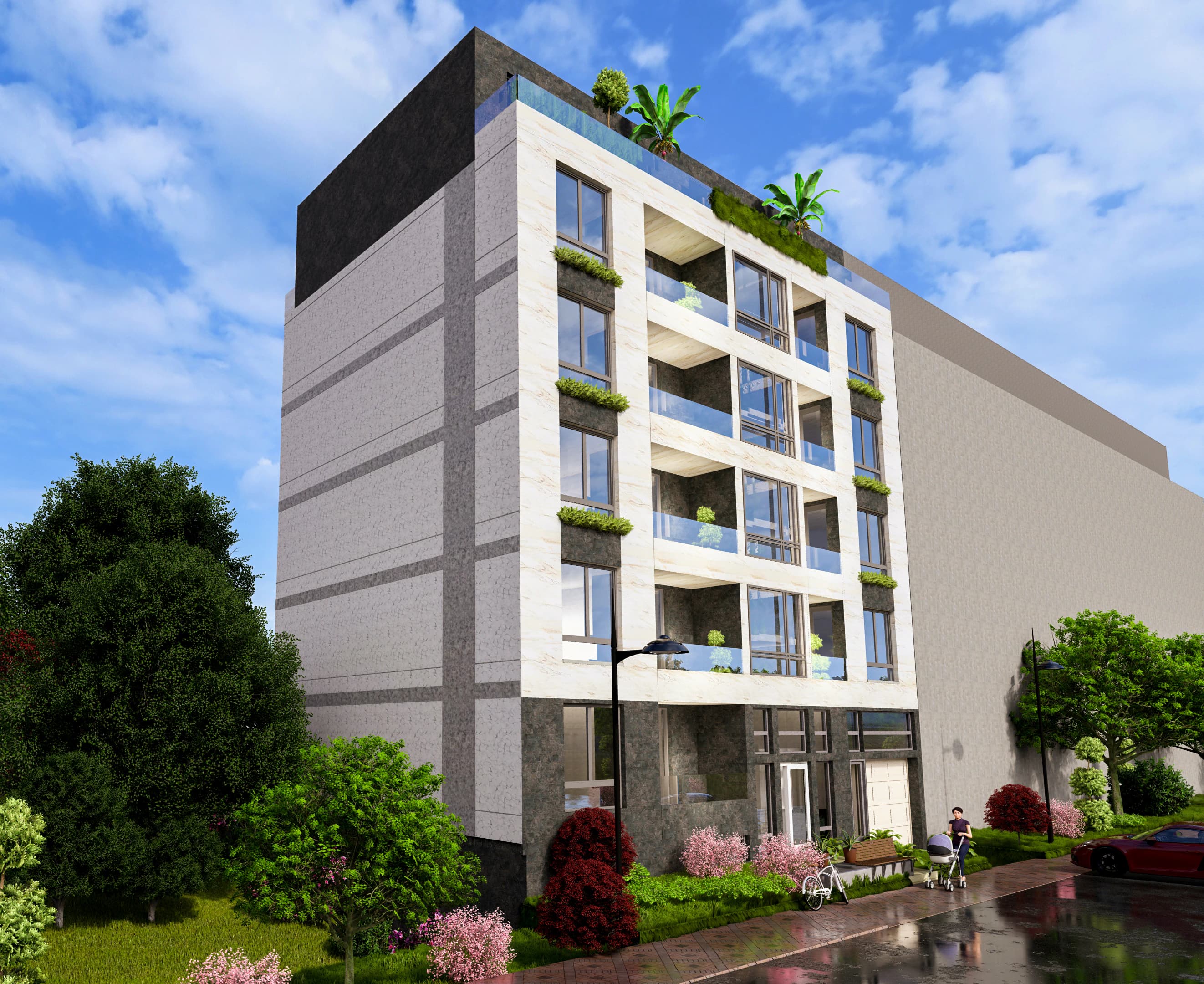 Rendering of the design for a mixed-use building in Vračar, Belgrade, Serbia: the street front with its planted balconies.