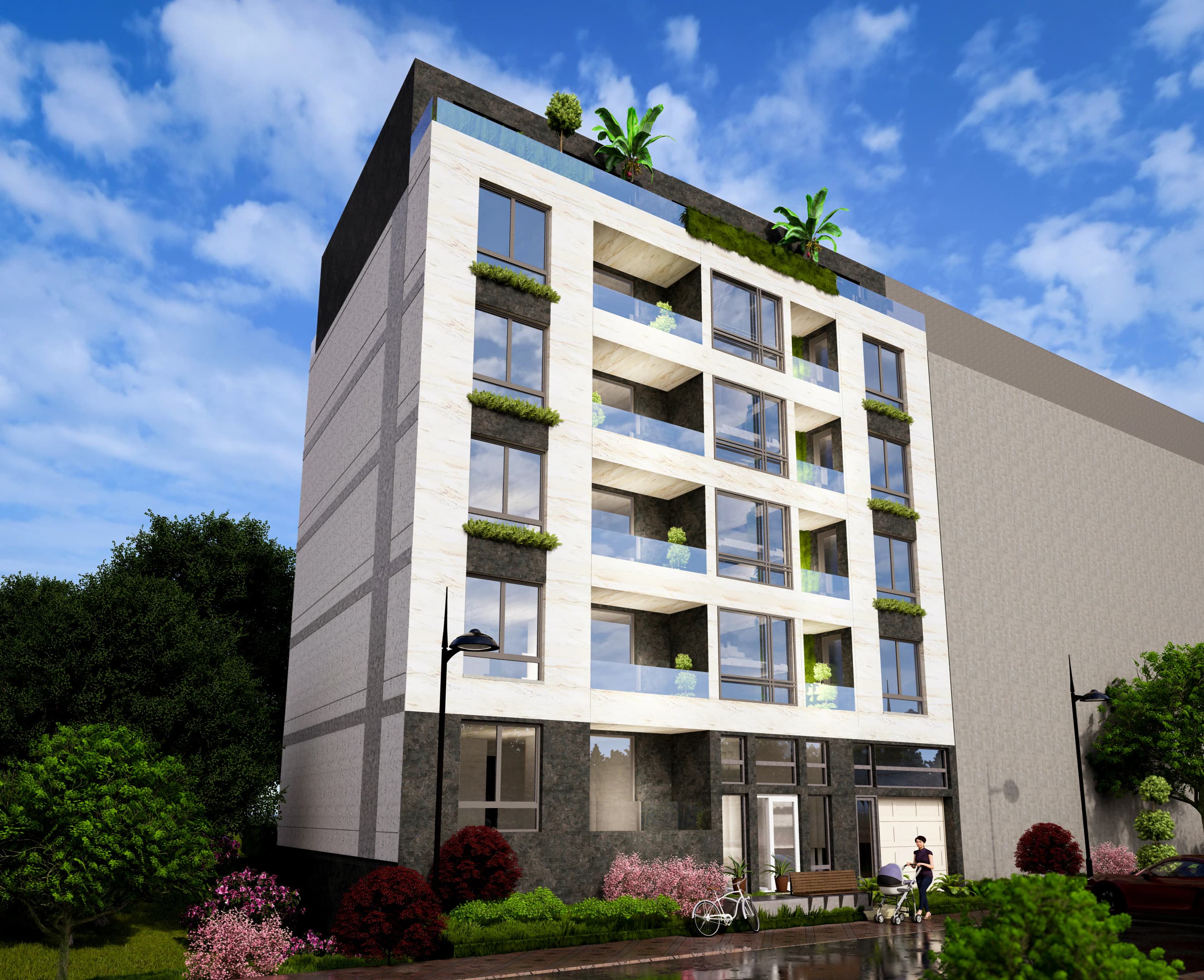 Rendering of the design for a mixed-use building in Vračar, Belgrade, Serbia: view from the street.