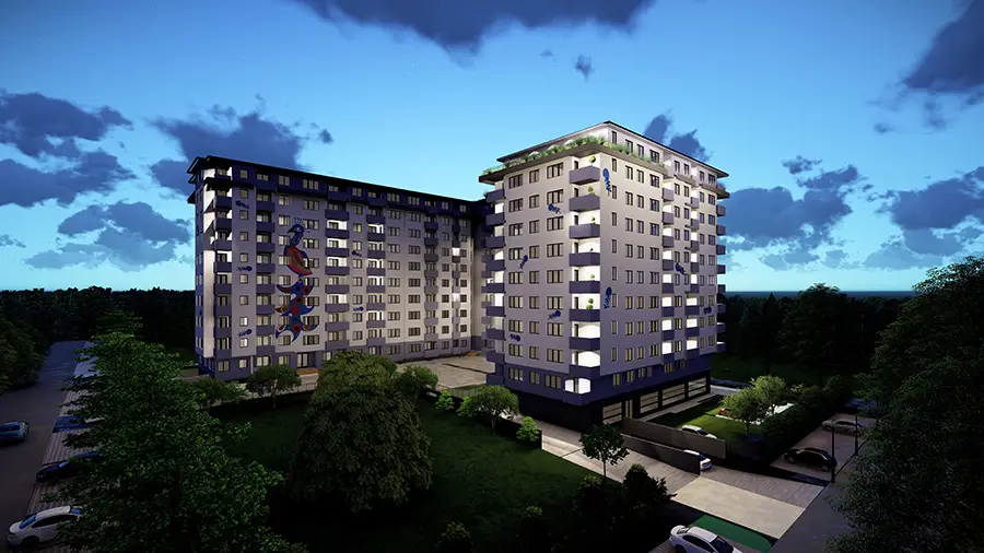 Rendering of the design for a residential complex of four buildings in Erdoglija, Kragujevac, Serbia: elevated view at dusk.