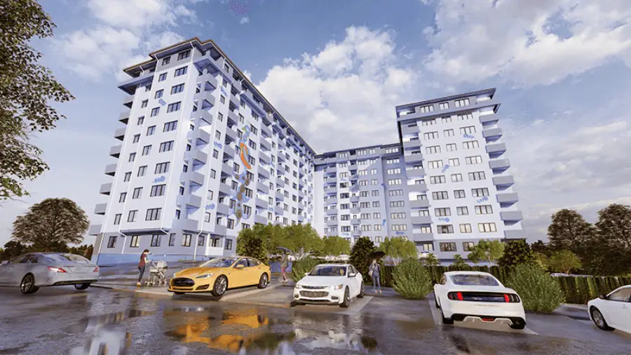 Rendering of the design for a residential complex of four buildings in Erdoglija, Kragujevac, Serbia: white facades with painted murals, seen from the parking.