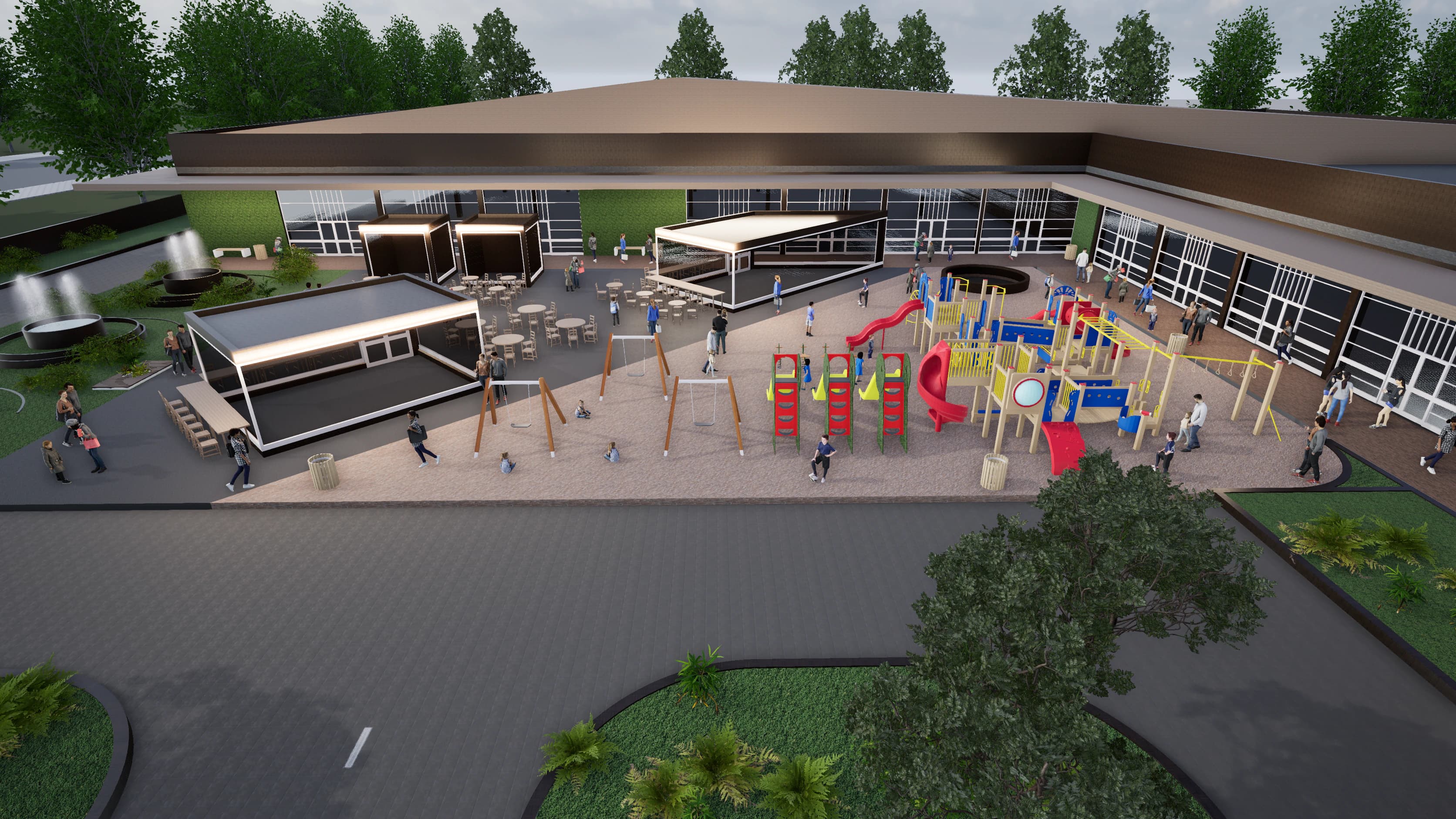 Rendering of the design for a single-level retail center in Ćuprija, Serbia: café pavilions and a playground in front of the shops.